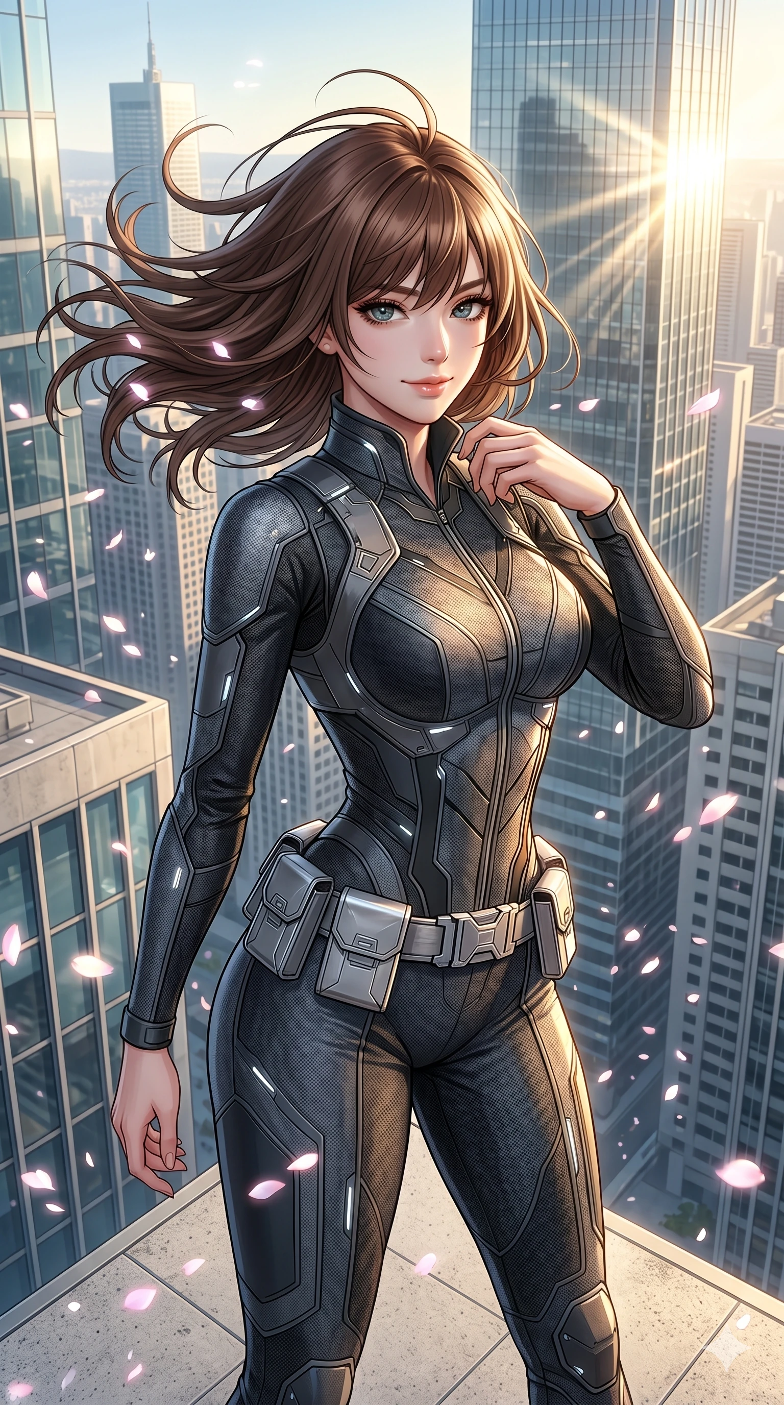 score_9, masterpiece, best quality, ultra-detailed, high-budget anime keyframe, editorial fashion photography, tasteful artistic composition, Korean woman. Upper body close-up from the thighs up, character filling the screen for maximum presence. She is standing on the edge of a skyscraper, her hair and clothes whipping in the wind as cybernetic sakura petals blizzard around. She twists her upper body dramatically with a confident half-smile. She has an absolutely perfect 8-heads proportion, a tall and elegant figure with a refined silhouette and a defined waistline. V-shaped jawline, high-bridge nose, intricate jewel-like eyes with depth, thick eyelashes, glossy lips with a natural sheen. She is wearing a high-fashion tech-jumpsuit featuring structured panel overlays across the torso and shoulders, accented by a metallic silver utility belt and textured fabric sleeves. The scene is bathed in brilliant morning sunlight and sharp sun rays reflecting off distant glass skyscrapers. 2k, ultra detail, master piece, 9:16 ratio