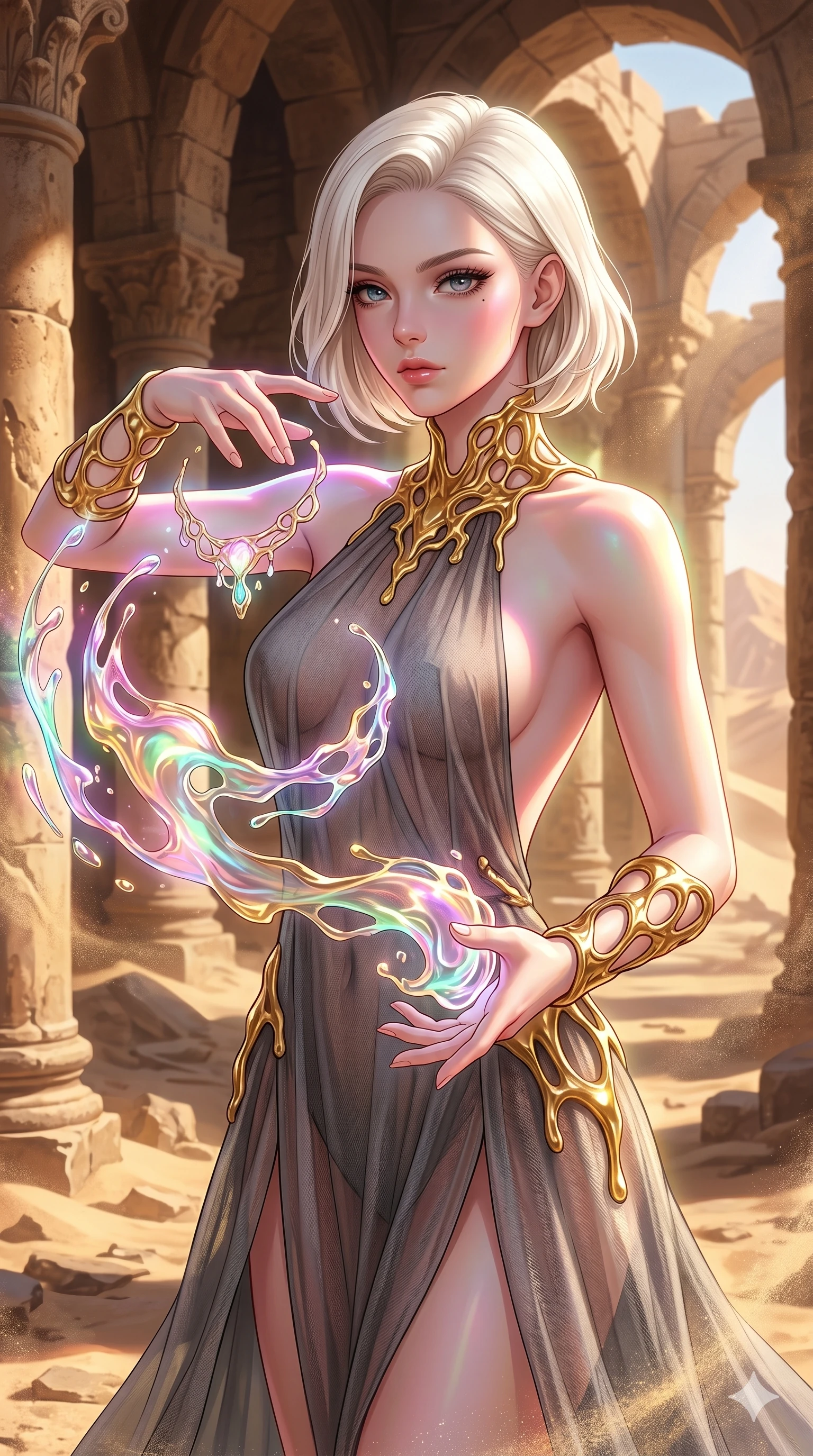 score_9, masterpiece, best quality, ultra-detailed, high-budget anime keyframe, Caucasian woman, strictly human ears. upper body close-up from the thighs up, character filling the screen for maximum presence. interacting with liquid stained-glass that melts and swirls in mid-air inside a crumbling desert ruin, the fluid jewelry floating in suspension. She has an absolutely perfect 8-heads proportion, an exceptionally tall and slender female figure with impossibly long slender legs and an ultra-slim waist. V-shaped jawline, high-bridge nose, intricate jewel-like eyes with depth, thick eyelashes, glossy lips with a natural sheen.. wearing a molten gold and chiffon gown, featuring organic liquid gold collar and cuffs on a translucent charcoal-gray halter neck chiffon gown with a deep backless design. enhanced by a luminous pastel spectrum glow, casting elegant rim lights on her shoulders and jawline. 2k, ultra detail, master piece, 9:16 ratio