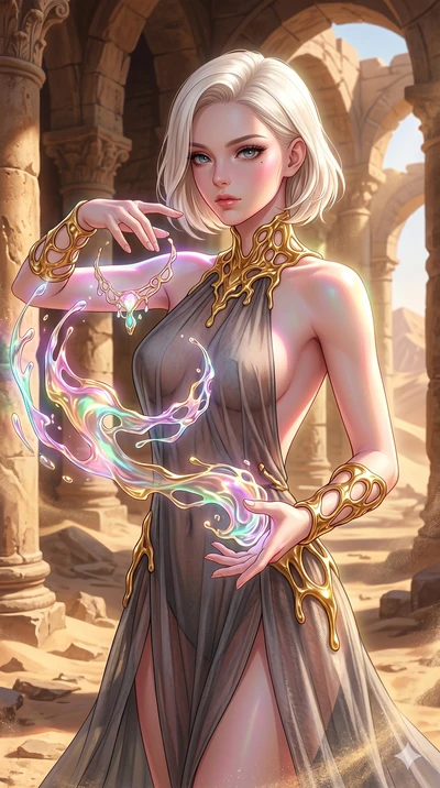 score_9, masterpiece, best quality, ultra-detailed, high-budget anime keyframe, Caucasian woman, strictly human ears. upper body close-up from the thighs up, character filling the screen for maximum presence. interacting with liquid stained-glass tha