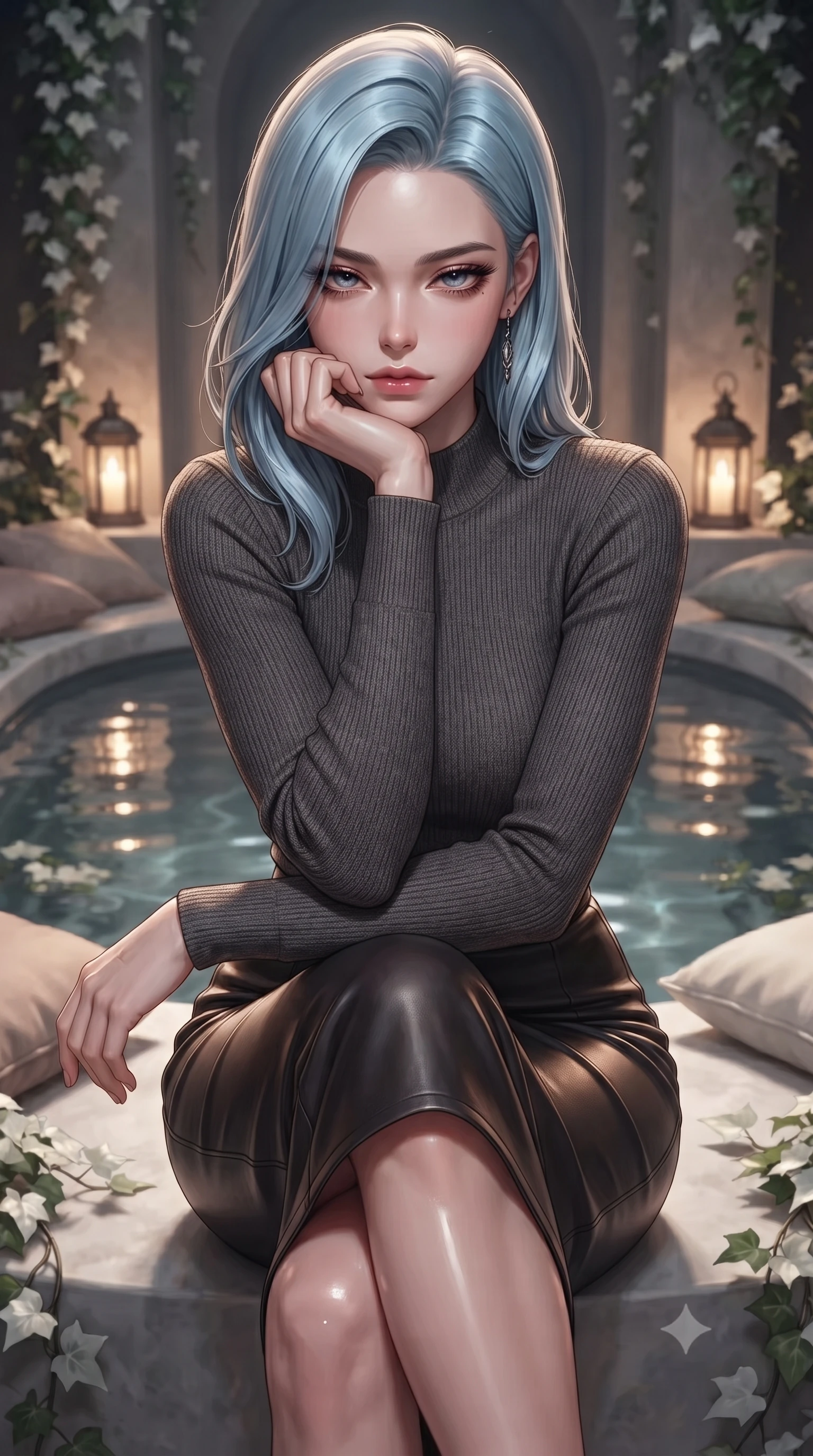 score_9, masterpiece, best quality, ultra-detailed, high-budget anime keyframe, editorial fashion photography, tasteful artistic composition, Korean woman woman. close-up cowboy shot from the waist and thighs up, the character dominates the composition, filling the frame with her large presence, background elements kept in soft focus. resting her chin on the backs of her fingers, casting a heavy-lidded, sultry look past the camera the background shows a soft-focus a quiet sanctuary chamber with a central water pool, soft cushions, and white ivy. She has an exceptionally elegant, slender, and willowy female figure with an ultra-slim waist, a gracefully sculpted slender torso, and a refined silhouette. sharp v-shaped jawline, high-bridge nose, intricate jewel-like eyes with depth, thick eyelashes, glossy lips with a natural sheen. wearing a tailored body-hugging knit top in charcoal grey, paired with a tight-fitting leather midi skirt. warm lantern light reflecting off the still water surface. ultra-reflective glossy finish, specular highlights, metallic sheen, high-contrast stereoscopic depth, volumetric dynamic lighting, 2k, ultra detail, master piece, 9:16 ratio