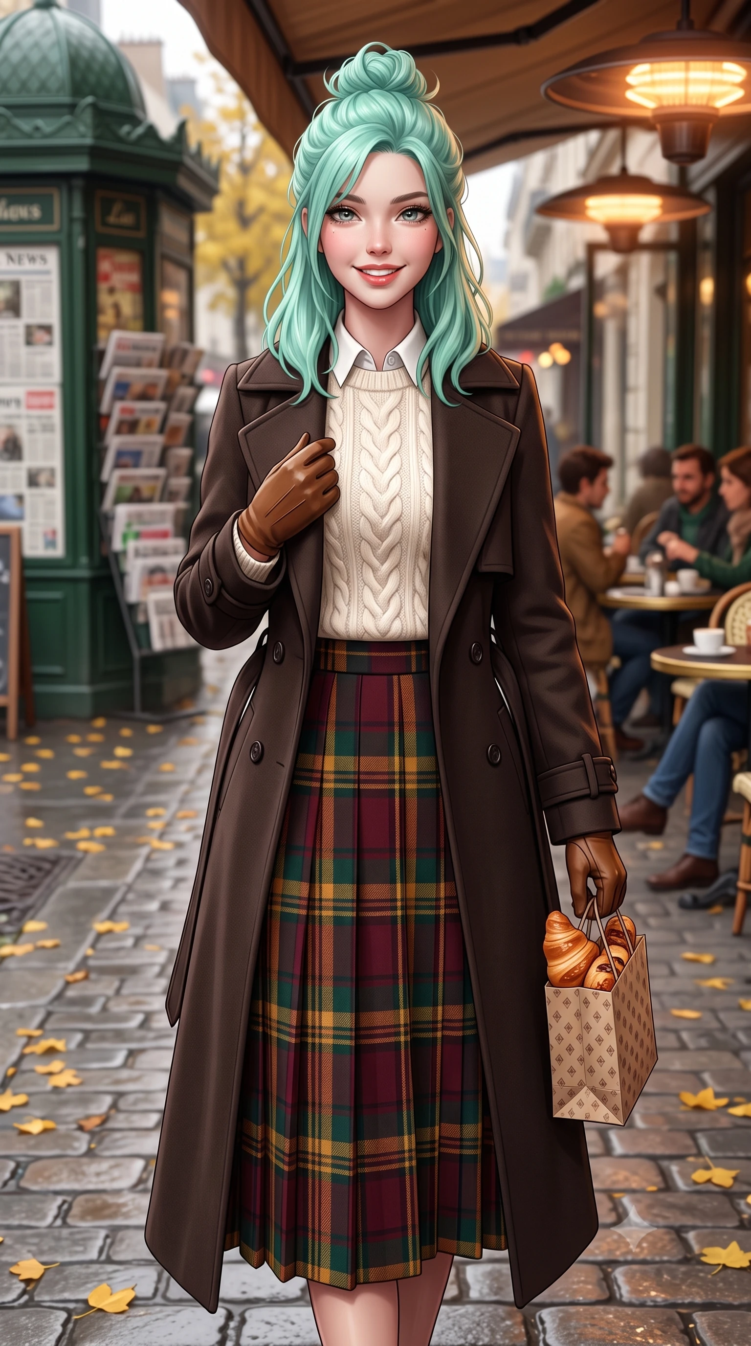 score_9, masterpiece, best quality, ultra-detailed, high-budget anime keyframe, semi-realistic 3D game render, editorial fashion photography, tasteful artistic composition, Japanese woman. close-up cowboy shot from the waist and thighs up, the character dominates the composition, filling the frame with her large presence. resting one hand gracefully on her tailored blazer lapel while looking into the camera with bright, sparkling eyes while walking out onto the cobblestone terrace holding a warm croissant bag, her belted trench coat framing her tall 8.5-heads silhouette. The background shows a soft-focus bustling Parisian boulevard with vintage green newspaper kiosks, yellow chestnut leaves on pavement, and café patrons blurred into emerald, amber, and espresso bokeh. She has an exceptionally elegant, slender, and willowy female figure with an ultra-slim waist, flat toned midriff, narrow ribcage, and sculpted feminine hips creating an alluring, slim hourglass silhouette without bulk. sharp v-shaped jawline, high-bridge nose, intricate jewel-like sparkling eyes with depth, thick eyelashes, glossy parted lips with a natural peach sheen, bright cheerful beaming smile with an enchanting and coquettish sensual glint, exuding both youthful cute charm and seductive allure, flawlessly proportioned anatomical accuracy, strict slender model proportions, natural body alignment, perfectly sculpted long slender limbs, ultra-slim waistline, clean dynamic posture without body distortion. wearing an ivory cable-knit fisherman sweater paired with a pleated wool tartan midi skirt and a crisp collared poplin shirt in rich Oxford burgundy and golden amber, tailored from heavyweight double-faced wool with clean architectural edges, complemented by buttery leather gloves held delicately in one manicured hand, the bespoke architectural tailoring hugging her natural waistline with sartorial precision, creating a clean graceful hourglass silhouette with tall model elegance. bathed in soft overcast Parisian natural daylight warmed by glowing overhead outdoor patio heaters. highly saturated vibrant anime colors, detailed shading with soft gradients, rich glossy textures, high-contrast stereoscopic depth, volumetric dynamic lighting, master piece, 9:16 ratio