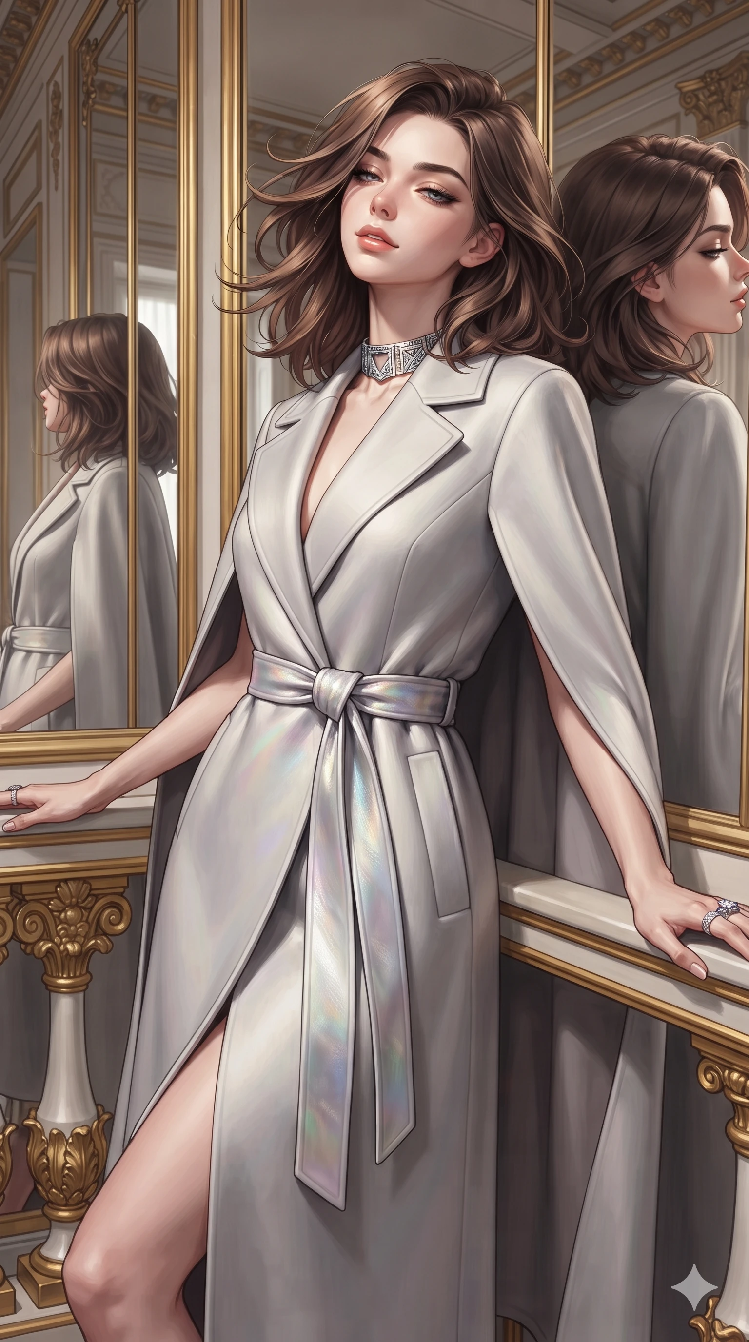 score_9, masterpiece, best quality, ultra-detailed, high-budget anime keyframe, editorial fashion photography, tasteful artistic composition, Korean woman. close-up cowboy shot from the waist and thighs up, the character dominates the composition, filling the frame with her large presence. leaning back against the balustrade with relaxed seductive grace, head tilted back slightly while casting a hypnotic, heavy-lidded gaze while turning slowly with an enchanting smoldering smile, her glossy hair tossing in the breeze as her hips angle gracefully before floor-to-ceiling gilded mirrors. The surrounding environment is rendered in vivid detail and crisp panoramic clarity: detailed bespoke fashion tailoring, high-gloss satin sheen, and classical palace architecture in razor-sharp precision. She has an exceptionally elegant, slender, and willowy female figure with an ultra-slim waist, flat toned midriff, narrow ribcage, and sculpted feminine hips creating an alluring, slim hourglass silhouette without bulk. sharp v-shaped jawline, high-bridge nose, intricate jewel-like eyes with depth, thick eyelashes, glossy parted lips with a natural sheen, intensely captivating and seductive bedroom-eyes expression, flawlessly proportioned anatomical accuracy, strict slender model proportions, natural body alignment, perfectly sculpted long slender limbs, ultra-slim waistline, clean dynamic posture without body distortion. wearing a tailored double-faced cashmere cape coat with structured lapels and a self-tying belt cinching her waist in iridescent mother-of-pearl and liquid molten silver, crafted from bespoke double-faced cashmere with an exceptionally soft tactile finish, complemented by a bold geometric choker and sparkling cocktail ring, the impeccably tailored cut draping gracefully along her slender figure with aristocratic poise. sharp directional spotlights sculpting her razor-sharp jawline, narrow waist, and curvy hips. ultra-reflective glossy finish, specular highlights, rich textural contrasts, high-contrast stereoscopic depth, volumetric dynamic lighting, 2k, ultra detail, master piece, 9:16 ratio