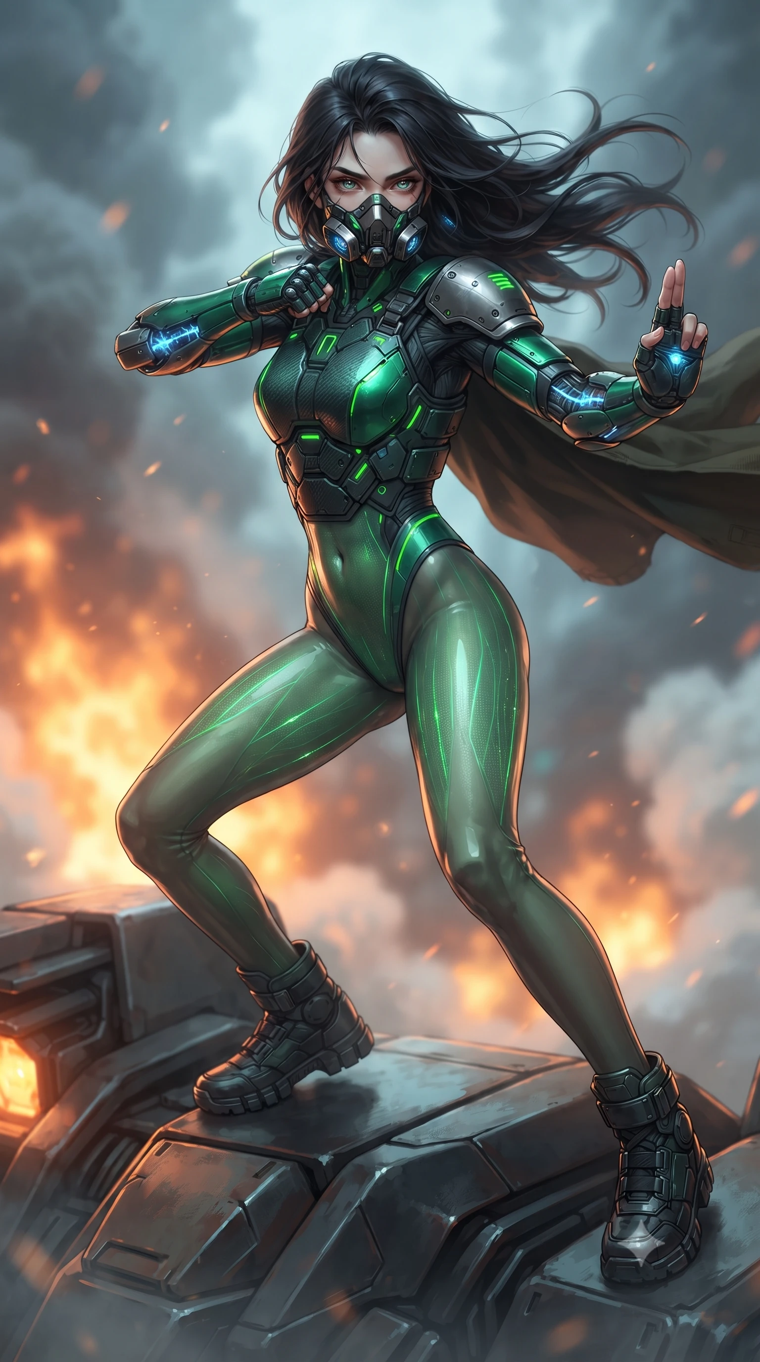 score_9, masterpiece, best quality, ultra-detailed, high-budget anime keyframe, editorial fashion photography, tasteful artistic composition, Japanese woman. close-up cowboy shot from the waist and thighs up, the character dominates the composition, filling the frame with her large presence. twisting her upper body in a dynamic S-curve martial arts stance, cybernetic elbow dampers glowing with blue energy as she aims a focused palm strike while stepping along the giant mech's shoulder armor with wind whipping through her dark hair and tactical cape. The composition keeps background elements in soft focus with creamy bokeh. massive burning mech reactor fires and billowing steam clouds blurred into radiant orange, charcoal, and cyan bokeh. She has an exceptionally elegant, slender, and willowy female figure with an ultra-slim waist, a gracefully sculpted slender torso, toned flat midriff, and a refined slim silhouette. sharp v-shaped jawline, high-bridge nose, intricate jewel-like eyes with depth, thick eyelashes, glossy lips with a natural sheen, fierce and resolute heroine expression, flawlessly proportioned anatomical accuracy, strict slender model proportions, natural body alignment, perfectly sculpted long slender limbs, ultra-slim waistline, clean dynamic posture without body distortion. wearing a sleek titanium half-face combat rebreather guard protecting her lower jaw while leaving her expressive eyes and long hair flowing freely, paired with a heavy modular carbon-fiber combat cuirass paired with a second-skin tactical leotard and reinforced titanium shoulder pauldrons in toxic emerald green carbon composite with glowing lime warning channels, crafted from semi-translucent cybernetic carbon-vinyl interwoven with glowing micro-filaments, complemented by criss-cross back harness straps highlighting her completely bare spine, the glove-like aerodynamic second-skin fit tightly clinging to her ultra-slender waist and athletic curves without adding bulk, accentuating her razor-sharp statuesque lines and slim hourglass silhouette. bathed in glowing amber reactor fire uplights and cool overcast skylight fill. ultra-reflective glossy finish, specular highlights, dark metallic sheen, high-contrast stereoscopic depth, volumetric dynamic lighting, 2k, ultra detail, master piece, 9:16 ratio