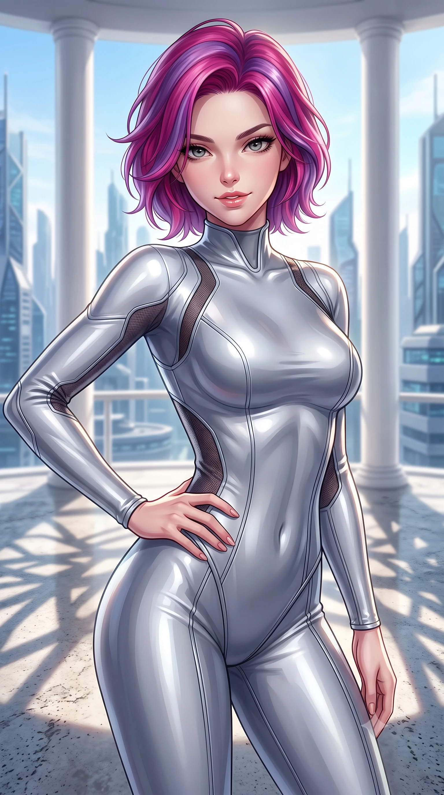 score_9, masterpiece, best quality, ultra-detailed, high-budget anime keyframe, editorial fashion photography, tasteful artistic composition, Caucasian woman. close-up cowboy shot from the waist and thighs up, the character dominates the composition, filling the frame with her large presence, background elements kept in soft focus. leaning slightly forward with a playful, teasing smile, her gaze locked onto the viewer with lips parted in a composed pose, the background shows a soft-focus a quantum core cleanroom veranda with white columns overlooking a high-tech city. She has an exceptionally elegant, slender, and willowy female figure with an ultra-slim waist, a gracefully sculpted slender torso, and a refined silhouette. sharp v-shaped jawline, high-bridge nose, intricate jewel-like eyes with depth, thick eyelashes, glossy lips with a natural sheen. wearing a slim-fit form-contouring liquid silver space flight under-suit, contouring her athletic, slender build. bright morning sun rays creating fresh and energetic shadows on the concrete. highly saturated vibrant anime colors, detailed shading with soft gradients, rich glossy textures, high-contrast stereoscopic depth, volumetric dynamic lighting, master piece, 9:16 ratio