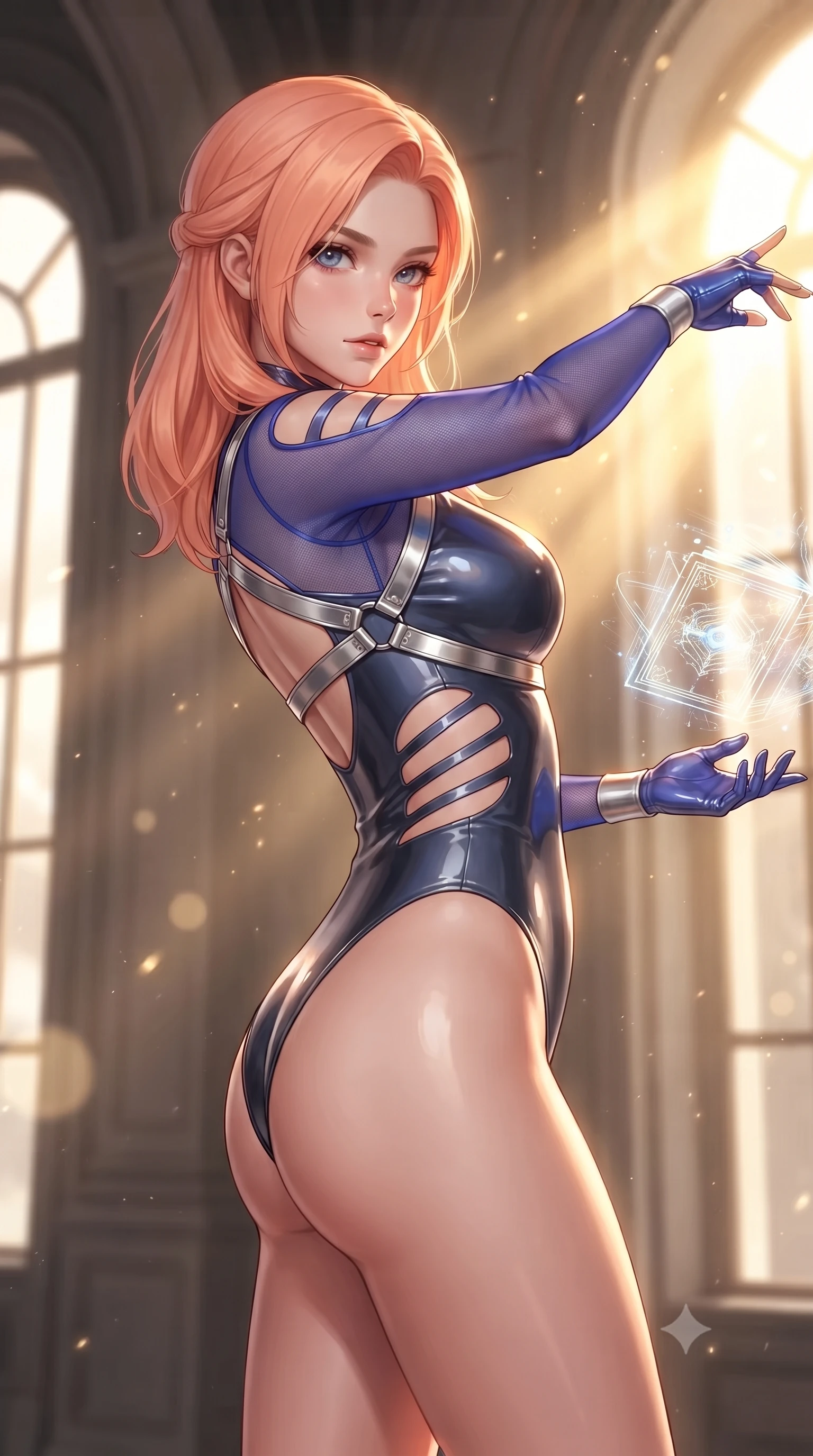 score_9, masterpiece, best quality, ultra-detailed, high-budget anime keyframe, editorial fashion photography, tasteful artistic composition, Japanese woman. close-up cowboy shot from the waist and thighs up, the character dominates the composition, filling the frame with her large presence. extending one arm gracefully toward the light while her torso arches in a sleek, alluring curve with magnetic intensity while reaching one arm out to touch a glowing holographic tome while glancing over her shoulder with bedroom eyes. The composition keeps background elements in soft focus with creamy bokeh. golden sunbeams filtering through tall windows scattering soft light motes across the background. She has an exceptionally elegant, slender, and willowy female figure with an ultra-slim waist, a gracefully sculpted slender torso, toned flat midriff, and a refined slim silhouette. sharp v-shaped jawline, high-bridge nose, intricate jewel-like eyes with depth, thick eyelashes, glossy lips with a natural sheen, flawlessly proportioned anatomical accuracy, strict slender model proportions, natural body alignment, perfectly sculpted long slender limbs, ultra-slim waistline, clean dynamic posture without body distortion. wearing an ultra-sleek high-cut tech-bodysuit featuring dangerous diagonal slitted cutouts on the midriff and shoulders, reinforced by a metallic silver harness and sheer mesh sleeves in liquid electric cobalt blue and polished silver, crafted from ultra-reflective second-skin latex with a high-gloss glass-like polish, complemented by criss-cross back straps highlighting her completely bare spine, the glove-like aerodynamic second-skin fit tightly clinging to her ultra-slender waist and athletic curves without adding bulk, accentuating her razor-sharp statuesque lines and slim hourglass silhouette. bathed in dramatic volumetric golden sunbeams streaming through tall arched windows. ultra-reflective glossy finish, specular highlights, metallic sheen, high-contrast stereoscopic depth, volumetric dynamic lighting, 2k, ultra detail, master piece, 9:16 ratio