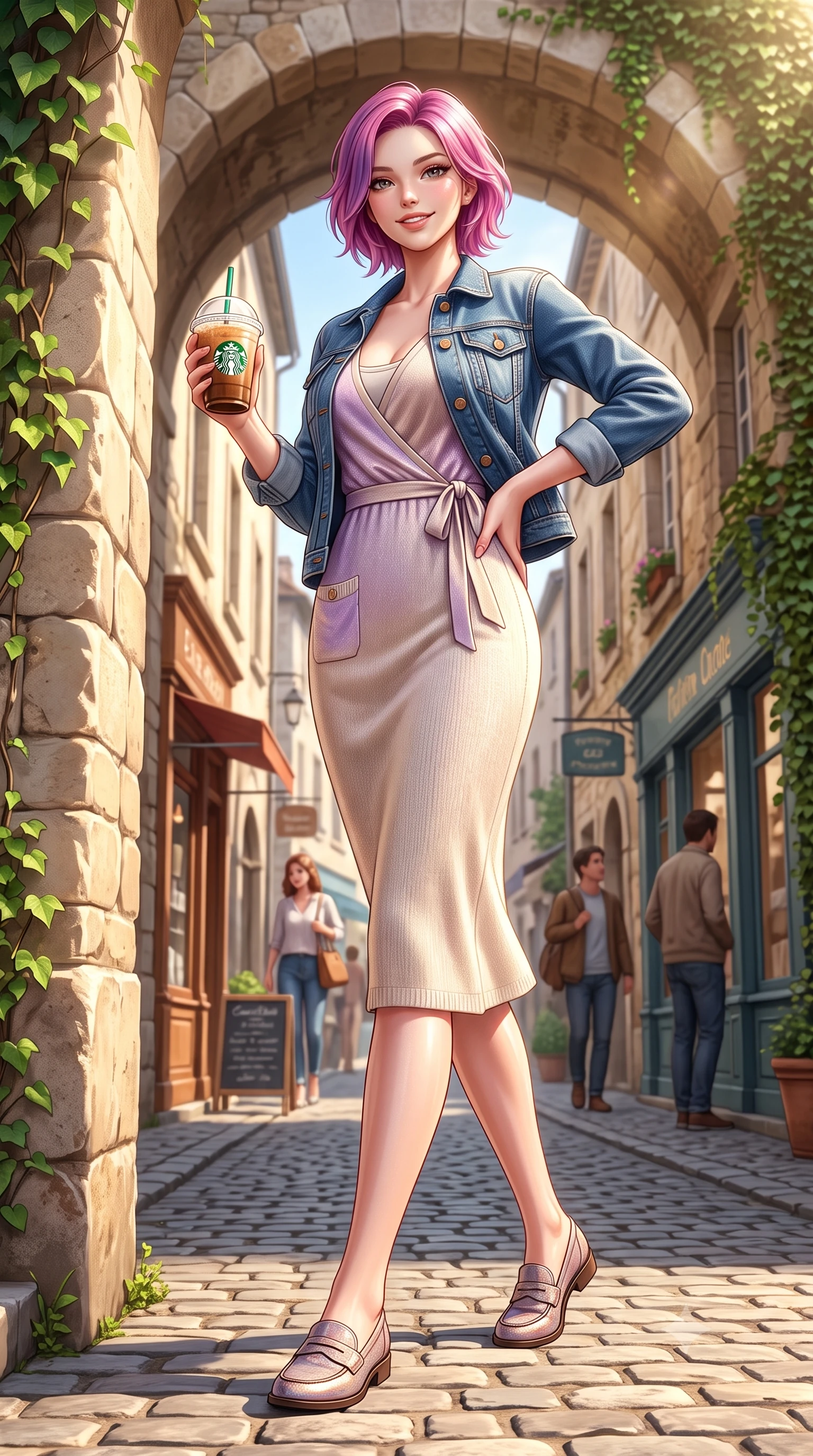 score_9, masterpiece, best quality, ultra-detailed, high-budget anime keyframe, semi-realistic 3D game render, editorial fashion photography, tasteful artistic composition, Caucasian woman. low angle full-body shot from head to toe showing her feet, filling the entire 9:16 vertical frame with her statuesque presence, stretching her vertical silhouette. leaning deep against the sunlit architecture with hips cocked back in a cute yet unapologetically alluring high-fashion stance, flashing a warm beaming smile while walking down the lively cobblestone laneway with an iced coffee in hand, her form-contouring casual chic outfit accentuating her narrow waist and hips. The surrounding environment is rendered in vivid detail and crisp panoramic clarity. detailed denim jacket and knit skirt texture, morning sun glints on skin, and laneway architecture in high clarity. She has an exceptionally tall and slender model-like 8.5-heads proportion, an ultra-slim waist, a flat toned midriff, narrow delicate ribcage, and beautifully sculpted feminine hips creating a graceful, slim hourglass silhouette without any bulky heaviness, with impossibly long slender legs. sharp v-shaped jawline, high-bridge nose, intricate jewel-like sparkling eyes with depth, thick eyelashes, glossy parted lips with a natural peach sheen, bright cheerful beaming smile with an enchanting and coquettish sensual glint, exuding both youthful cute charm and seductive allure, flawlessly proportioned anatomical accuracy, strict slender model proportions, natural body alignment, perfectly sculpted long slender limbs, ultra-slim waistline, clean dynamic posture without body distortion. wearing a breezy wrap mini dress with a deep V-neckline and tie-waist accentuating her sculpted flat midriff and hips in soft lilac and champagne shimmer, crafted from soft cozy cashmere yarn with an airy drape, finished with neat front wooden buttons and delicate pocket details, the glove-like silhouette tightly following the natural contour of her hips and long slender legs with youthful 8.5-heads elegance. illuminated by warm street bounce light sharply defining her sculpted collarbones, ultra-slim waist, and curvy hips. highly saturated vibrant anime colors, detailed shading with soft gradients, rich glossy textures, high-contrast stereoscopic depth, volumetric dynamic lighting, master piece, 9:16 ratio