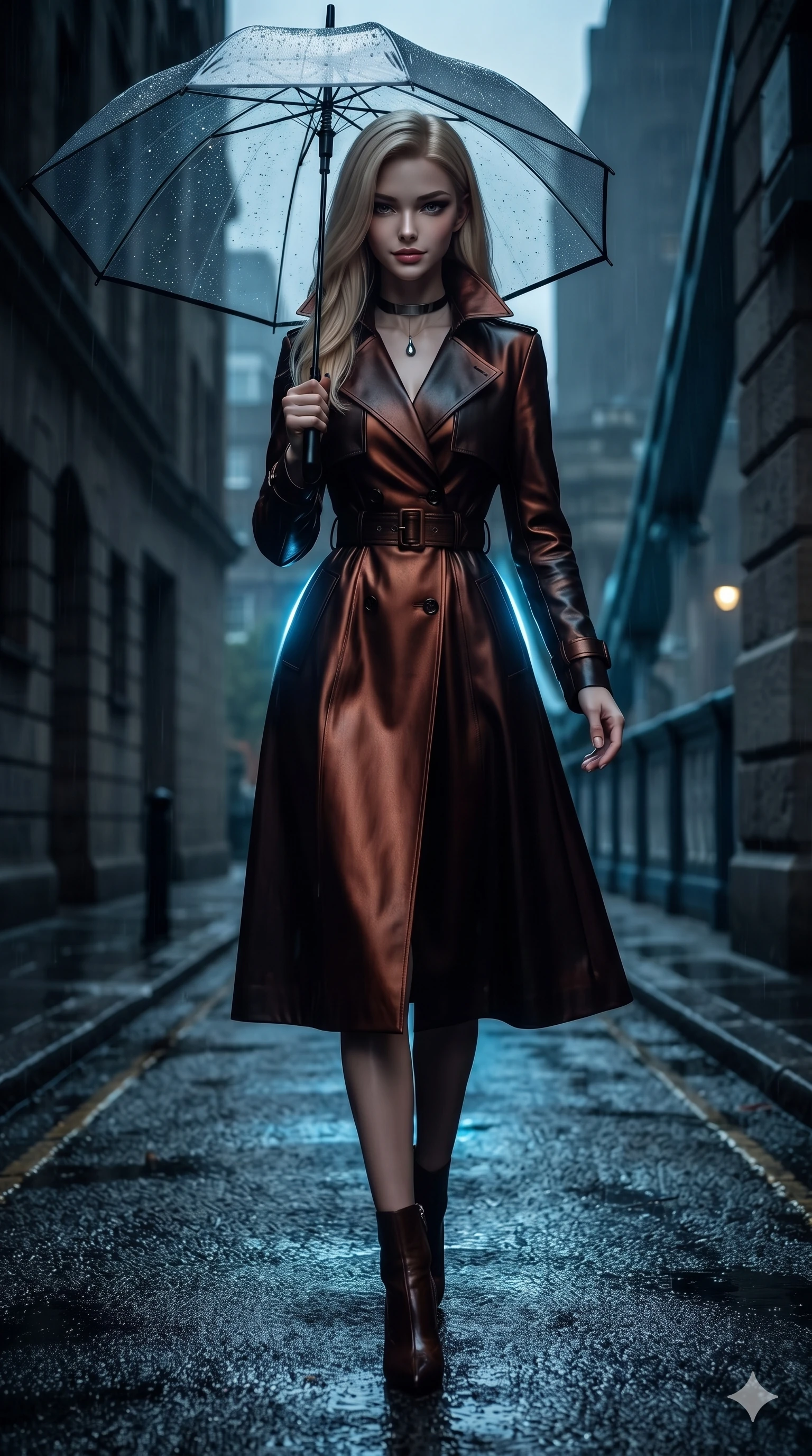 score_9, masterpiece, best quality, ultra-detailed, high-budget anime keyframe, editorial fashion photography, tasteful artistic composition, Korean woman. low angle full-body shot from head to toe showing her feet, filling the entire 9:16 vertical frame with her statuesque presence, stretching her vertical silhouette. walking dynamically down the glistening wet asphalt alley beneath a translucent black umbrella, hips swaying gracefully in a captivating supermodel rhythm while twisting her slender torso in an alluring S-curve against the bridge parapet, dramatic blue floodlights outlining her narrow waist and rounded hips. The surrounding environment is rendered in vivid detail and crisp panoramic clarity: sharp Portland stone block texture, Victorian rivet details on suspension bridge steel, and swirling mist droplets in deep focus. She has an exceptionally tall and slender model-like 8.5-heads proportion, an ultra-slim waist, a flat toned midriff, narrow delicate ribcage, and beautifully sculpted feminine hips creating a graceful, slim hourglass silhouette without any bulky heaviness, with impossibly long slender legs. sharp v-shaped jawline, high-bridge nose, intricate jewel-like dark sparkling eyes with dangerous depth, thick curled eyelashes, glossy parted lips with a rich wine sheen, smoldering seductive half-smile with bedroom-eyes, exuding effortless superiority and intoxicating dark allure, flawlessly proportioned anatomical accuracy, strict slender model proportions, natural body alignment, perfectly sculpted long slender limbs, ultra-slim waistline, clean dynamic posture without body distortion. wearing a structured high-collar leather trench coat dress with waist-cinching belt and storm flap in dark burnt copper and matte black, tailored from heavy double-faced silk georgette with an exceptionally fluid drape, finished with a minimalist chrome choker and a single teardrop pendant, the bespoke structured tailoring following the natural line of her 8.5-heads silhouette with refined elegance. illuminated by river water reflection bounce and sharp electric-cyan rim lights sculpting her razor-sharp jawline, narrow waist, and curvy hips. ultra-reflective glossy finish, specular highlights, rich textural contrasts, high-contrast stereoscopic depth, volumetric dynamic lighting, 2k, ultra detail, master piece, 9:16 ratio