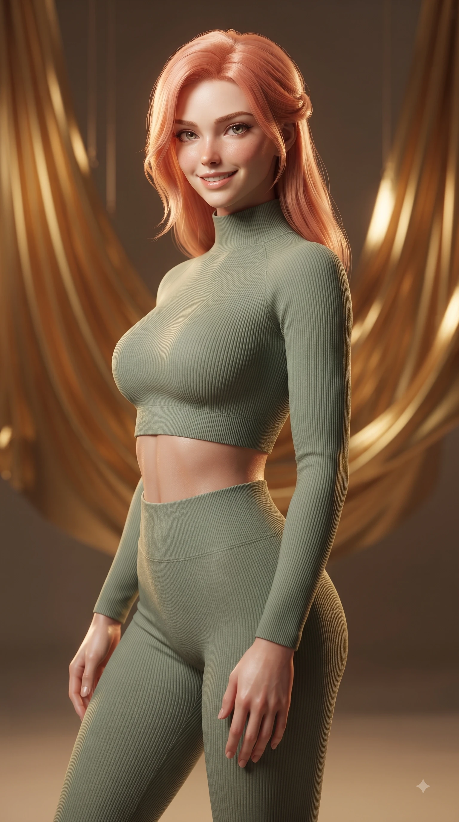 score_9, masterpiece, best quality, ultra-detailed, high-budget anime keyframe, editorial fashion photography, tasteful artistic composition, Japanese woman woman. close-up cowboy shot from the waist and thighs up, the character dominates the composition, filling the frame with her large presence, background elements kept in soft focus. She has an exceptionally elegant, slender, and willowy female figure with an ultra-slim waist, a gracefully sculpted slender torso, and a refined silhouette. smiling with quiet, magnetic self-assurance directly into the camera lens, flawlessly proportioned anatomical accuracy, natural body alignment, perfectly sculpted elegant limbs, clean dynamic posture without body distortion. set against a soft-focus background of an avant-garde art studio with suspended liquid gold drapes. wearing a tight-fitting sage green ribbed activewear set with a body-hugging silhouette. bathed in warm amber spotlighting creating metallic specular highlights on her form. ultra-reflective glossy finish, specular highlights, metallic sheen, high-contrast stereoscopic depth, volumetric dynamic lighting, 2k, ultra detail, master piece, 9:16 ratio
