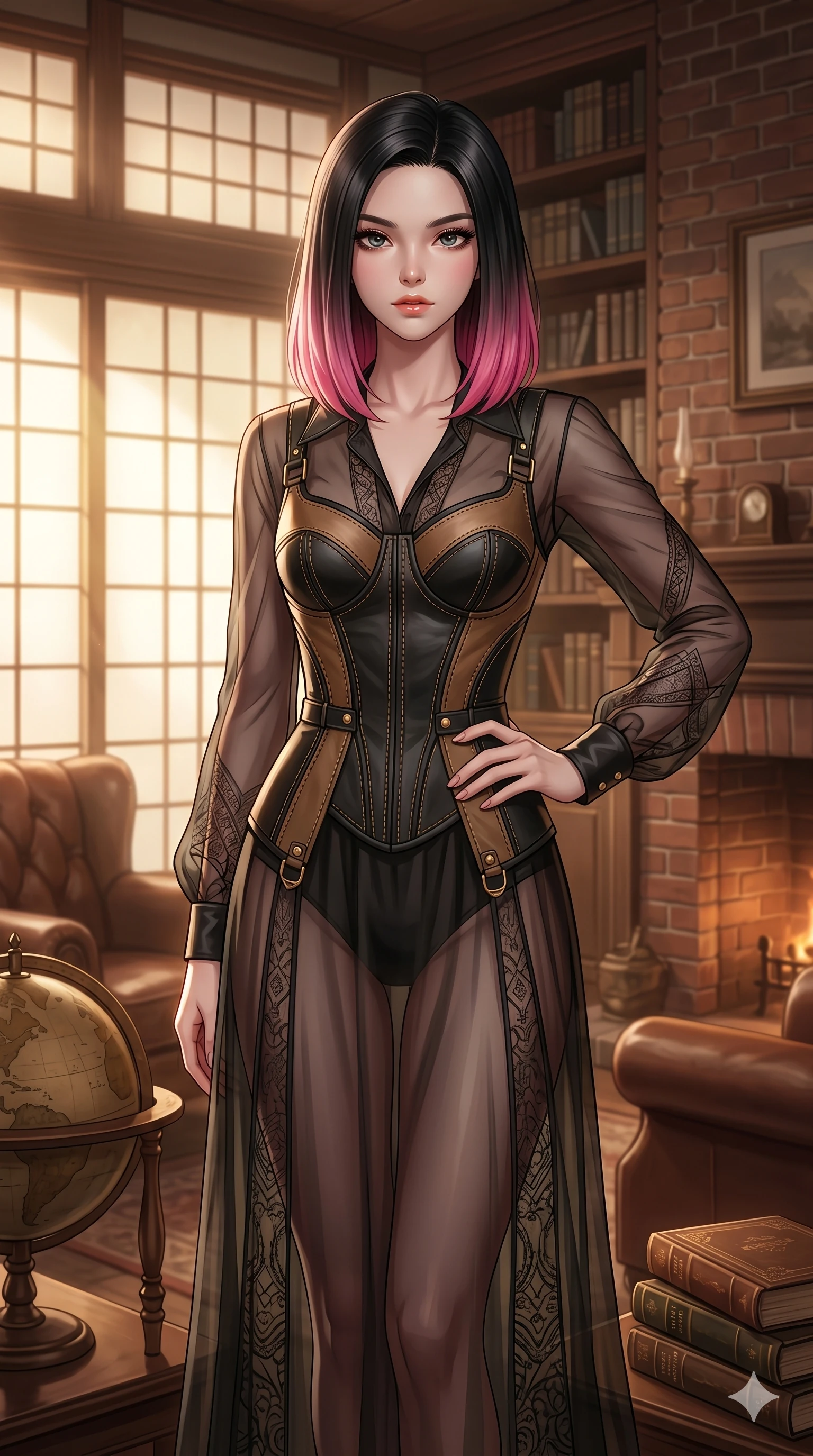 score_9, masterpiece, best quality, ultra-detailed, high-budget anime keyframe, editorial fashion photography, tasteful artistic composition, Korean woman. cowboy shot from the thighs up, character and outfit filling the frame for maximum editorial presence. resting her hand on her hip, looking directly into the camera inside a cozy library lounge with brick fireplace (Code-P17-140). She has an absolutely perfect 8-heads proportion, an exceptionally tall and slender female figure with impossibly long slender legs and an ultra-slim waist. V-shaped jawline, high-bridge nose, intricate jewel-like eyes with depth, thick eyelashes, glossy lips with a natural sheen. wearing a custom leather structured bodice over a translucent silk slip dress. soft warm morning sunbeams filtering through the paper screens, casting a gentle glow. 2k, ultra detail, master piece, 9:16 ratio