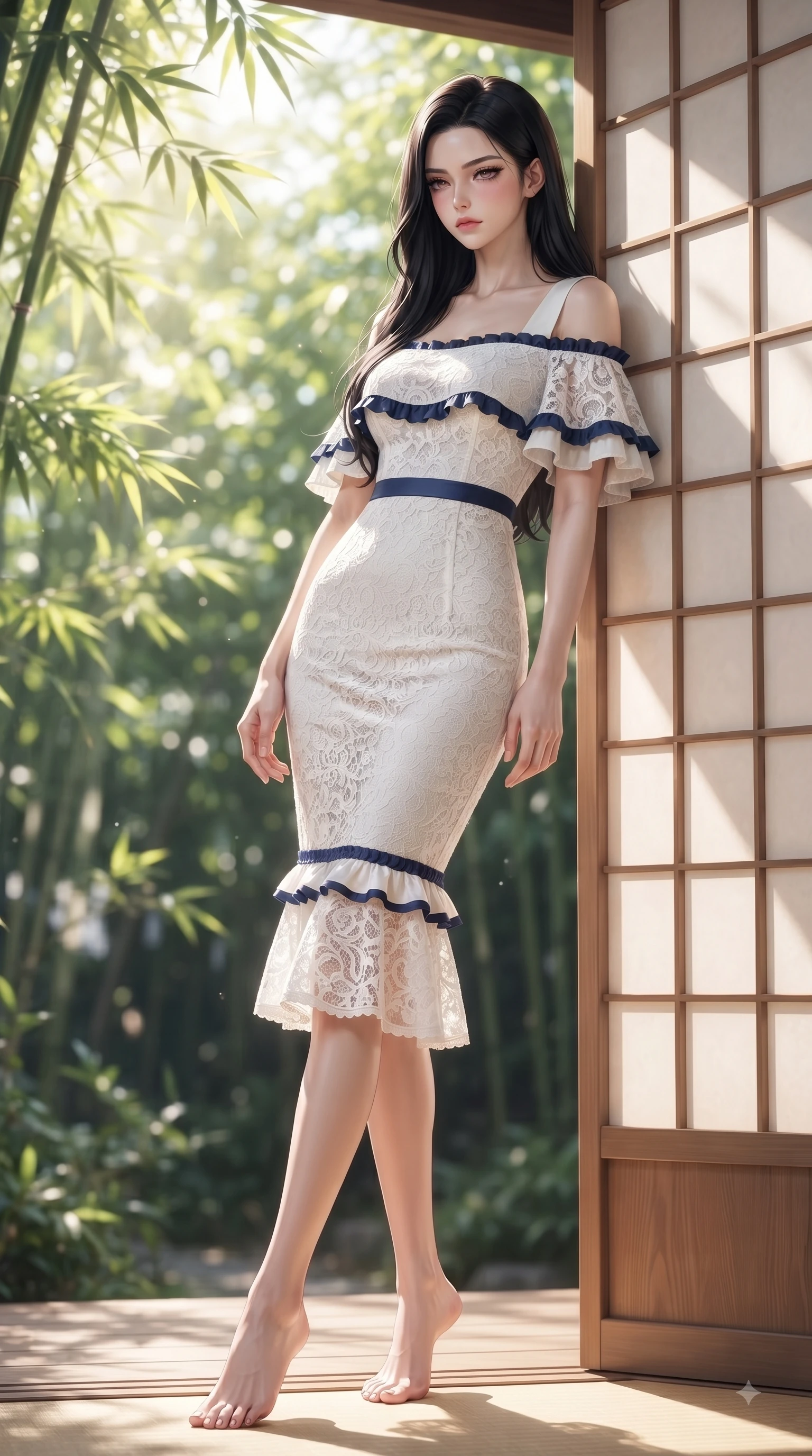 score_9, masterpiece, best quality, ultra-detailed, high-budget anime keyframe, editorial fashion photography, tasteful artistic composition, Korean woman. low angle full-body shot from head to toe showing her feet, filling the entire 9:16 vertical frame with her statuesque presence, stretching her vertical silhouette. Indifferent cold glance casting a disdainful side-eye from beneath long dark eyelashes with aloof confidence while leaning against a sun-drenched paper screen door with a serene, magnetic pose. The composition keeps background elements in soft focus with dreamy bokeh. dappled sunlight filtering through bamboo leaves creating a peaceful blurred backdrop. She has an absolutely perfect, statuesque 8.5-heads proportion, an exceptionally tall and slender model-like female figure with impossibly long slender legs and an ultra-slim waist. sharp v-shaped jawline, high-bridge nose, intricate jewel-like eyes with depth, thick eyelashes, glossy lips with a natural sheen, flawlessly proportioned anatomical accuracy, natural body alignment, perfectly sculpted elegant limbs, clean dynamic posture without body distortion. wearing a chic white lace off-shoulder midi dress decorated with delicate ruffle trims in royal navy blue and pure ivory, tailored from structured wool crepe with clean lines, featuring elegant flutter sleeves and a graceful square neckline, the sleek second-skin fit accentuating her magnetic presence. bathed in bright morning sunbeams filtering through lush bamboo canopies. ultra-reflective glossy finish, specular highlights, metallic sheen, high-contrast stereoscopic depth, volumetric dynamic lighting, 2k, ultra detail, master piece, 9:16 ratio