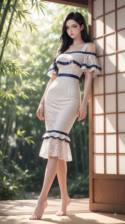 score_9, masterpiece, best quality, ultra-detailed, high-budget anime keyframe, editorial fashion photography, tasteful artistic composition, Korean woman. low angle full-body shot from head to toe showing her feet, filling the entire 9:16 vertical f