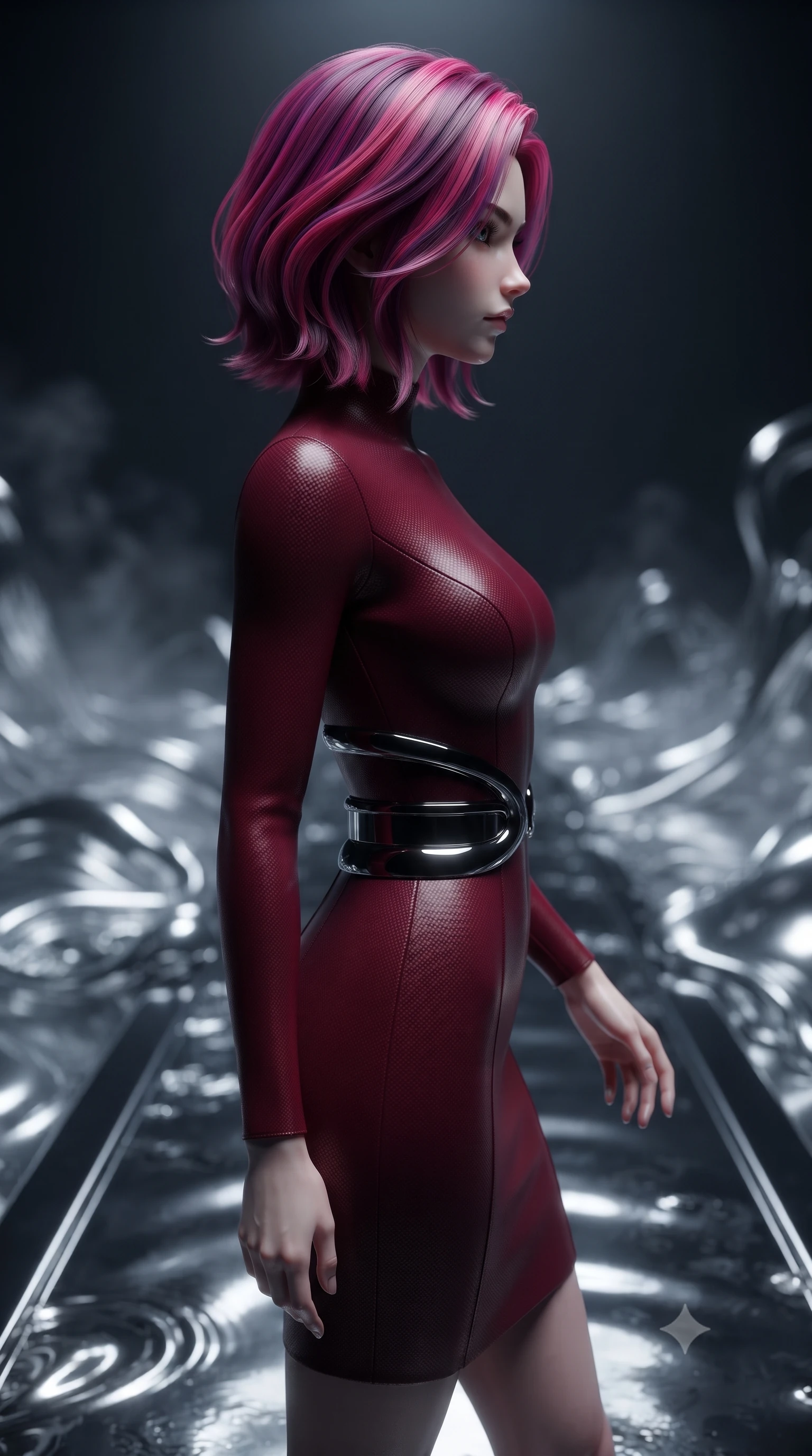 score_9, masterpiece, best quality, ultra-detailed, high-budget anime keyframe, editorial fashion photography, tasteful artistic composition, Caucasian woman. close-up cowboy shot from the waist and thighs up, the character dominates the composition, filling the frame with her large presence, background elements kept in soft focus. Turning her face in sharp dramatic profile against the moody key light, walking across a reflective dark chrome walkway surrounded by flowing liquid silver, silvery mercury mist rising silently in the dark atmosphere. She has an exceptionally elegant, slender, and willowy female figure with an ultra-slim waist, a gracefully sculpted slender torso, and a refined silhouette. sharp v-shaped jawline, high-bridge nose, intricate jewel-like eyes with depth, thick eyelashes, glossy lips with a natural sheen. wearing aerodynamic second-skin dark silver metallic bodycon dress in deep crimson burgundy, made of matte carbon-fiber weave, accented with sculpted obsidian chrome rings at the waist, contouring every curve with an exceptionally elegant silhouette. illuminated by ultra-bright specular highlights reflecting off dark liquid mercury. ultra-reflective glossy finish, specular highlights, metallic sheen, high-contrast stereoscopic depth, volumetric dynamic lighting, 2k, ultra detail, master piece, 9:16 ratio