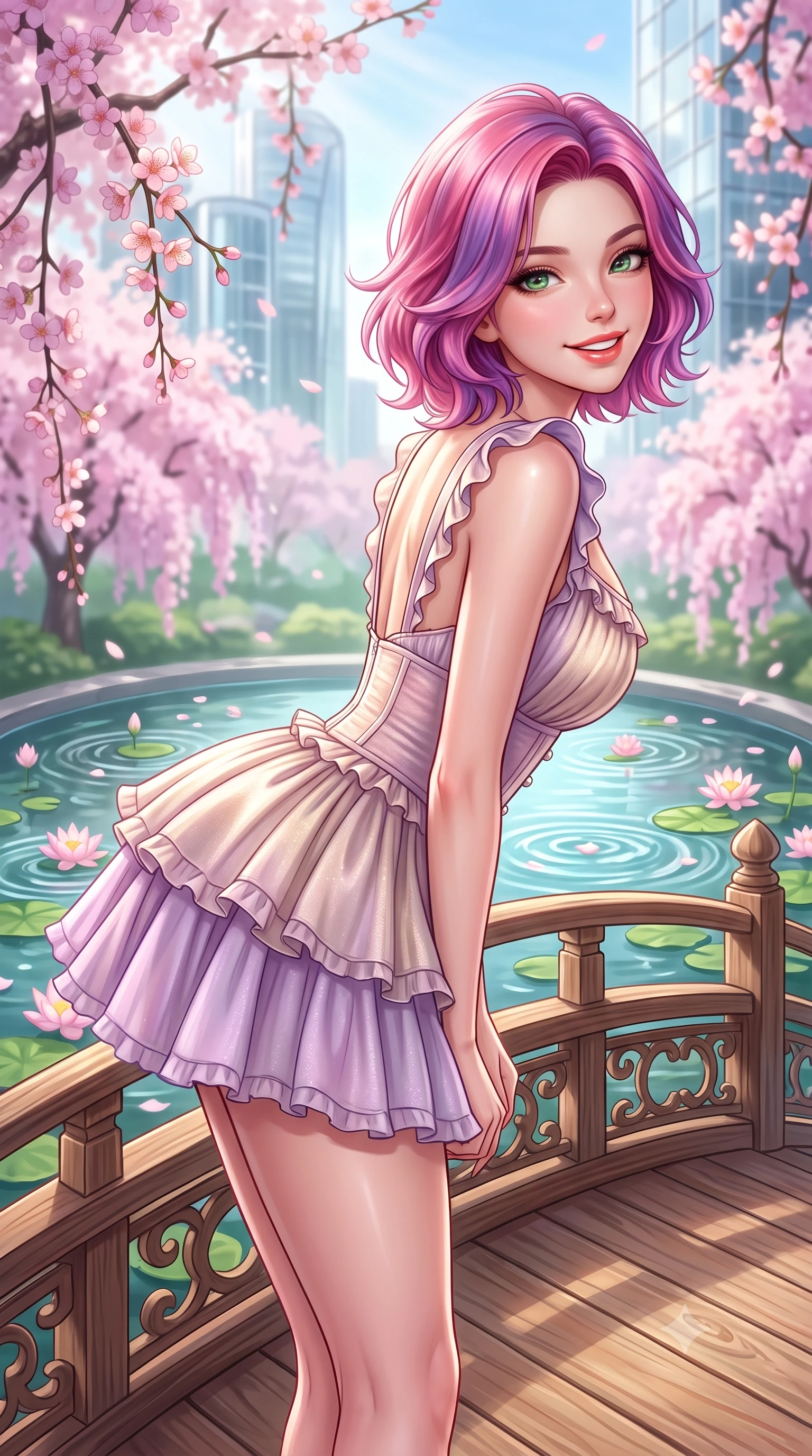 score_9, masterpiece, best quality, ultra-detailed, high-budget anime keyframe, semi-realistic 3D game render, editorial fashion photography, tasteful artistic composition, Caucasian woman. close-up cowboy shot from the waist and thighs up, the character dominates the composition, filling the frame with her large presence. leaning forward with playful cute grace while arching her lower back to accentuate her curvy hips, looking into the camera with a bright cheerful smile and alluring coquettish bedroom-eyes while standing on the curved wooden footbridge above the circular lotus pond, arching her lower back with a bright, charming smile. The composition keeps background elements in soft focus with dreamy creamy bokeh. weeping cherry blossom branches, circular lotus pond ripples, and futuristic glass tower facades blurred into sakura-pink, emerald, and glass-white bokeh. She has an exceptionally elegant, slender, and willowy female figure with an ultra-slim waist, flat toned midriff, narrow ribcage, and sculpted feminine hips creating an alluring, slim hourglass silhouette without bulk. sharp v-shaped jawline, high-bridge nose, intricate jewel-like sparkling eyes with depth, thick eyelashes, glossy parted lips with a natural peach sheen, bright cheerful beaming smile with an enchanting and coquettish sensual glint, exuding both youthful cute charm and seductive allure, flawlessly proportioned anatomical accuracy, strict slender model proportions, natural body alignment, perfectly sculpted long slender limbs, ultra-slim waistline, clean dynamic posture without body distortion. wearing a tiered ruffled chiffon mini dress with a fitted corseted waist and open back in soft lilac and champagne shimmer, crafted from soft cozy cashmere yarn with an airy drape, finished with subtle ruffle trims and delicate pearl buttons, the form-fitting cut adhering flawlessly to her sculpted flat midriff and slender torso, emphasizing her long leg lines and perfectly proportioned willowy build. bathed in bright morning spring sunlight scattering through blooming flower canopies. highly saturated vibrant anime colors, detailed shading with soft gradients, rich glossy textures, high-contrast stereoscopic depth, volumetric dynamic lighting, master piece, 9:16 ratio