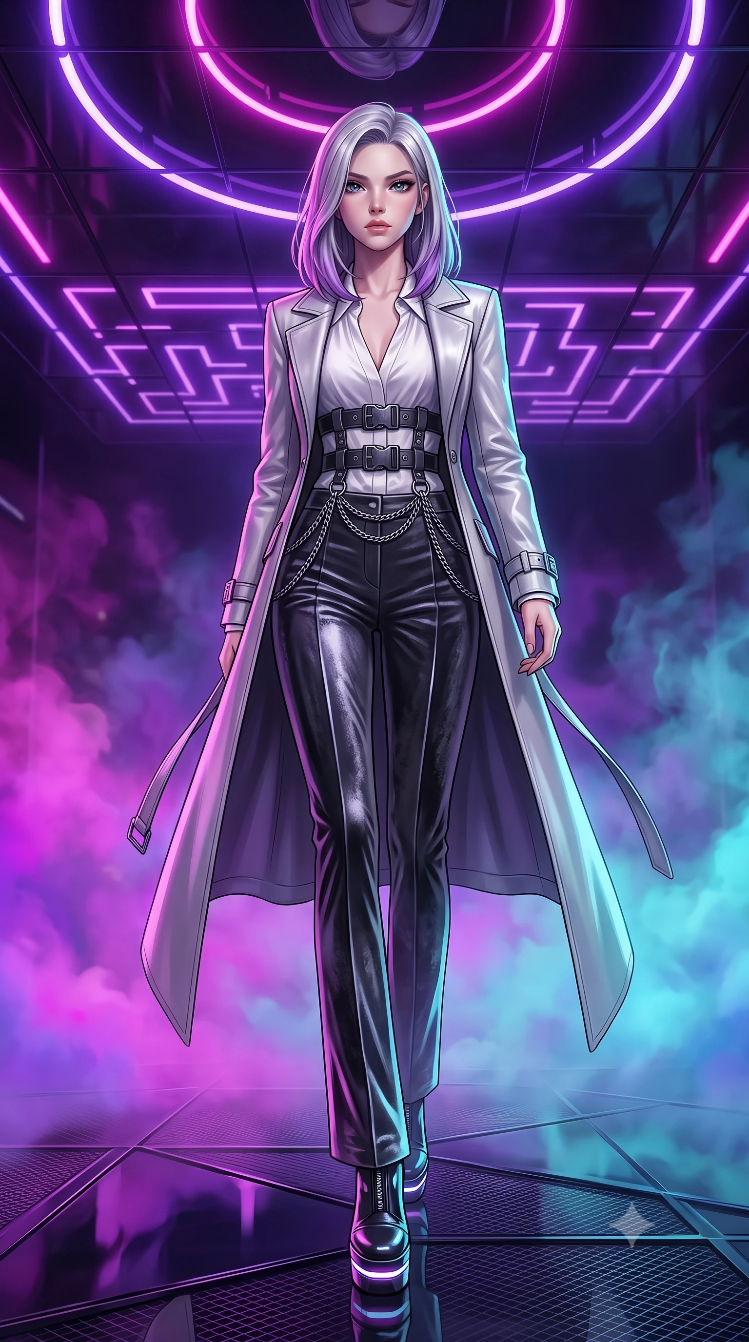 score_9, masterpiece, best quality, ultra-detailed, high-budget anime keyframe, editorial fashion photography, tasteful artistic composition, Caucasian woman. low angle full-body shot from head to toe showing her feet, filling the entire 9:16 vertical frame with her statuesque presence, stretching her vertical silhouette. forging confidently through the floating mist, holding a poised statuesque stance, standing under a mirror ceiling reflecting glowing violet and magenta neon arcs, chic urban cyberpunk allure with intense visual presence. She has an absolutely perfect, statuesque 8.5-heads proportion, an exceptionally tall and slender model-like female figure with impossibly long slender legs and an ultra-slim waist. sharp v-shaped jawline, high-bridge nose, intricate jewel-like eyes with depth, thick eyelashes, glossy lips with a natural sheen. wearing structured platinum leather long coat over white silk blouse and tailored slacks in metallic dark silver, made of crushed dark silk velvet, framed by dark titanium buckles and silver chain details, accentuating her gracefully sculpted slender torso. surrounded by a moody neon glow with sharp edge highlights on dark vinyl. highly saturated vibrant anime colors, detailed shading with soft gradients, rich glossy textures, high-contrast stereoscopic depth, volumetric dynamic lighting, master piece, 9:16 ratio