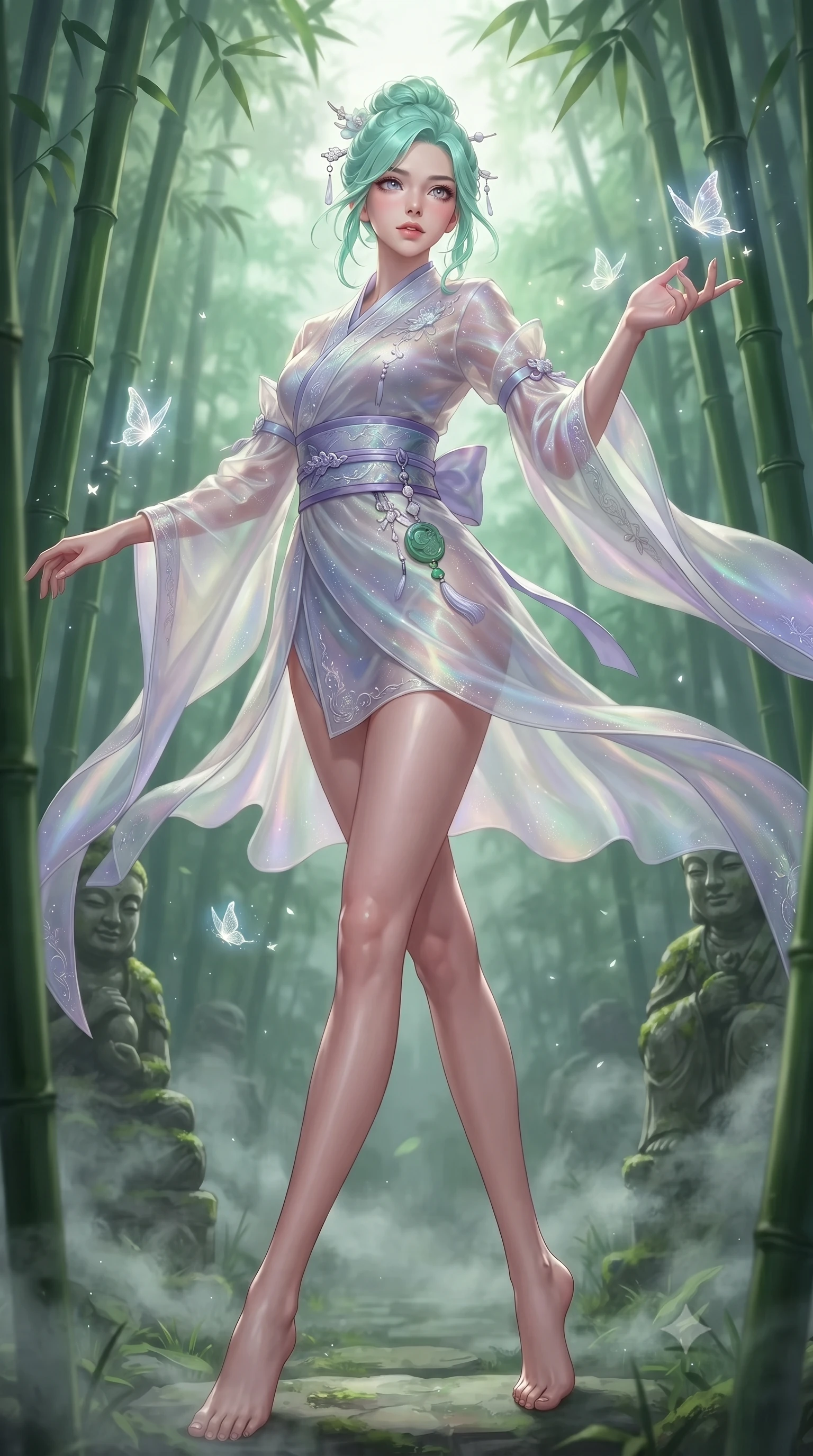 score_9, masterpiece, best quality, ultra-detailed, high-budget anime keyframe, editorial fashion photography, tasteful artistic composition, Japanese woman. low angle full-body shot from head to toe showing her feet, filling the entire 9:16 vertical frame with her statuesque presence, stretching her vertical silhouette. executing an elegant mid-motion spin with effortless grace, her garments fluttering softly around her ultra-slim waistline while pivoting gracefully around towering green bamboo stalks as ethereal glowing butterflies dance around her fingertips. The composition keeps background elements in soft focus with creamy bokeh. drifting forest ground mist and ancient stone statues softened in dreamy shallow depth of field. She has an absolutely perfect, statuesque 8.5-heads proportion, an exceptionally tall and slender model-like female figure with impossibly long slender legs, a toned flat midriff, and an ultra-slim waist. sharp v-shaped jawline, high-bridge nose, intricate jewel-like eyes with depth, thick eyelashes, glossy lips with a natural sheen, captivating and magnetic expression, flawlessly proportioned anatomical accuracy, strict slender model proportions, natural body alignment, perfectly sculpted long slender limbs, ultra-slim waistline, clean dynamic posture without body distortion. wearing a traditional-modern silk fusion wrap dress with asymmetric trailing sleeves and waist-cinching obi in celestial opal white and stardust violet, made of semi-translucent iridescent organza shifting between silver and violet, accented with mother-of-pearl hair ornaments and a carved jade pendant, the form-contouring material adhering flawlessly to her sculpted flat midriff and slender torso, emphasizing her long leg lines and perfectly proportioned willowy build. surrounded by an enchanting, mysterious, and captivating oriental spirit sorceress aura. ultra-reflective glossy finish, specular highlights, rich textural contrasts, high-contrast stereoscopic depth, volumetric dynamic lighting, 2k, ultra detail, master piece, 9:16 ratio