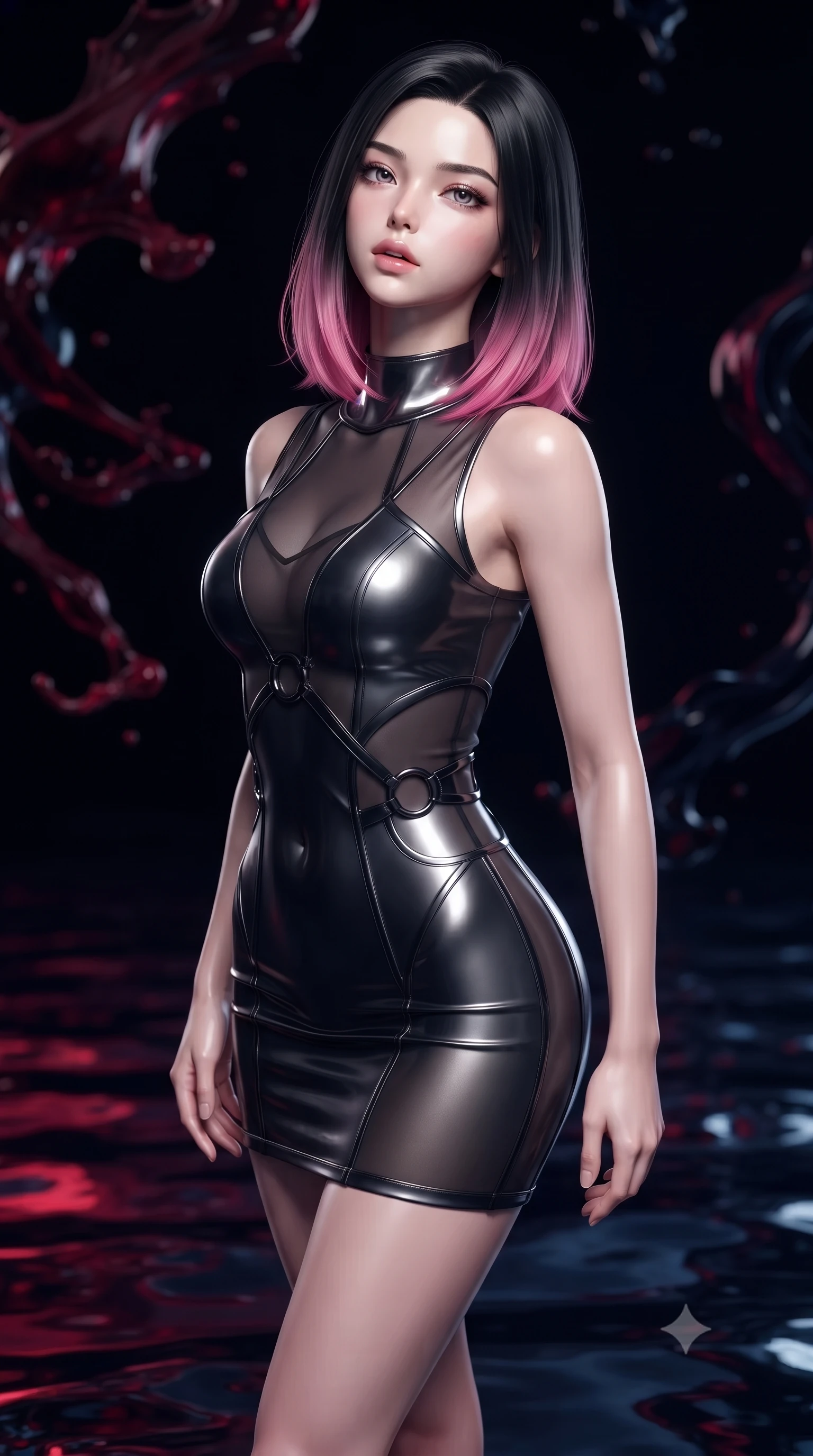 score_9, masterpiece, best quality, ultra-detailed, high-budget anime keyframe, editorial fashion photography, tasteful artistic composition, Korean woman. close-up cowboy shot from the waist and thighs up, the character dominates the composition, filling the frame with her large presence, background elements kept in soft focus. Tilting her chin up slightly with lips parted in a composed, mysterious expression, standing surrounded by zero-gravity swirls of dark crimson and obsidian liquid paint, dark reflective glass floor mirroring her vertical pose in deep shadows. She has an exceptionally elegant, slender, and willowy female figure with an ultra-slim waist, a gracefully sculpted slender torso, and a refined silhouette. sharp v-shaped jawline, high-bridge nose, intricate jewel-like eyes with depth, thick eyelashes, glossy lips with a natural sheen. wearing aerodynamic second-skin dark silver metallic bodycon dress in pitch-black onyx, made of sheer dark organza overlay, trimmed with dark chrome ring hardware along the waist contours, highlighting her statuesque proportions and ultra-slim waistline. bathed in deep crimson and navy fluid reflections against pitch-black shadows. ultra-reflective glossy finish, specular highlights, metallic sheen, high-contrast stereoscopic depth, volumetric dynamic lighting, 2k, ultra detail, master piece, 9:16 ratio