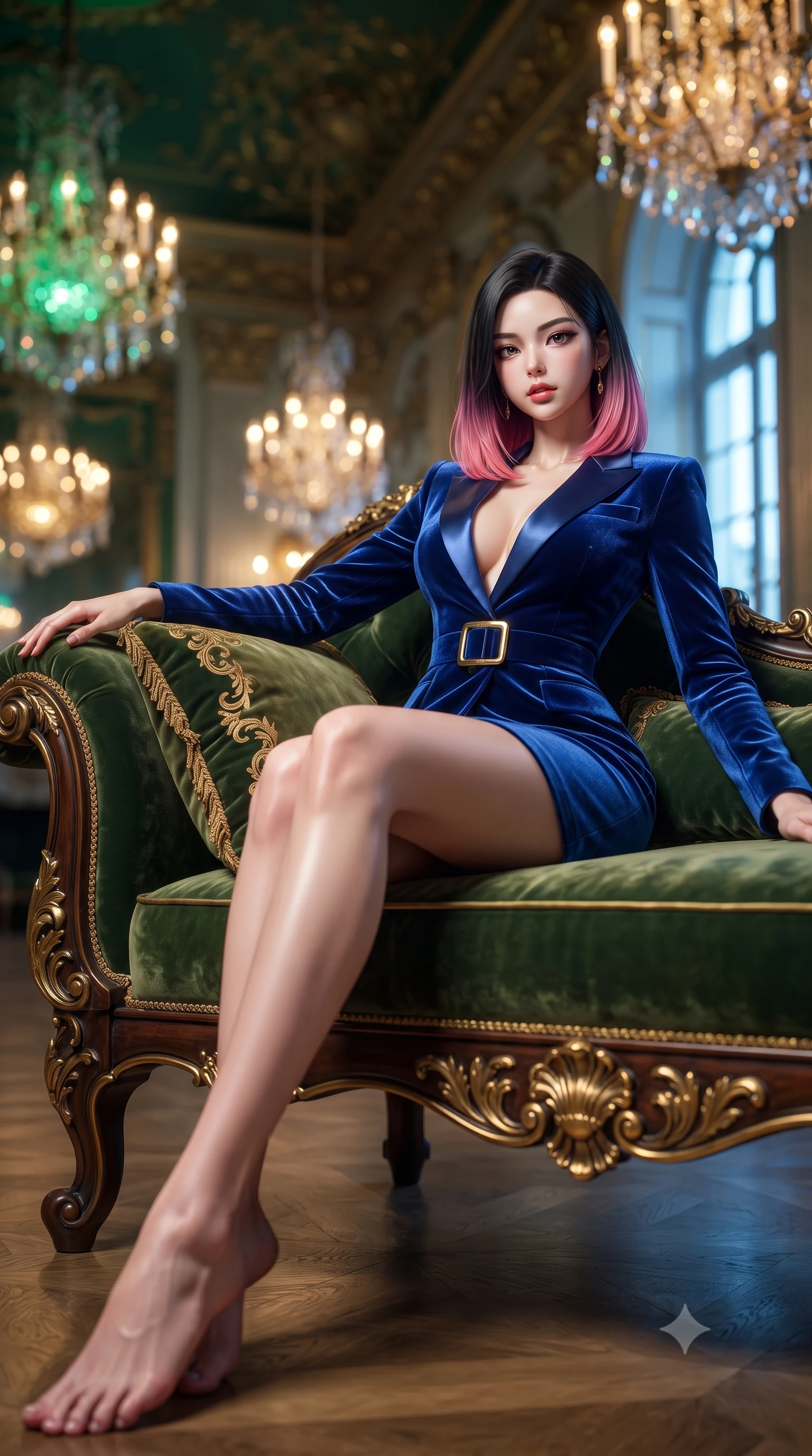 score_9, masterpiece, best quality, ultra-detailed, high-budget anime keyframe, semi-realistic 3D game render, editorial fashion photography, tasteful artistic composition, Korean woman. low angle full-body shot from head to toe showing her feet, filling the entire 9:16 vertical frame with her statuesque presence, stretching her vertical silhouette. reclining on her side in an elegant Cleopatra pose with one knee drawn up, the dramatic contour of her rounded hips and long slender legs commanding the 9:16 vertical frame while reclining languidly on an antique Russian imperial chaise longue, her slender waist and feminine curves framed by deep green stone and gold leaf. The composition keeps background elements in soft focus with creamy bokeh. glittering crystal chandeliers and gilded bronze ceiling ornaments blurred into rich emerald, imperial gold, and champagne bokeh. She has an exceptionally tall and slender model-like 8.5-heads proportion, an ultra-slim waist, a flat toned midriff, narrow delicate ribcage, and beautifully sculpted feminine hips creating a graceful, slim hourglass silhouette without any bulky heaviness, with impossibly long slender legs. sharp v-shaped jawline, high-bridge nose, intricate jewel-like eyes with depth, thick eyelashes, glossy parted lips with a natural sheen, intensely captivating and seductive bedroom-eyes expression, flawlessly proportioned anatomical accuracy, strict slender model proportions, natural body alignment, perfectly sculpted long slender limbs, ultra-slim waistline, clean dynamic posture without body distortion. wearing a tailored velvet tuxedo jacket dress with satin lapels, worn with a deep plunge neckline and gold hip buckle in royal sapphire blue and liquid bronze, crafted from luxurious metallic lamé that shifts radiance with every step, finished with delicate crystal frost embroidery tracing the plunging neckline, the second-skin form-contouring cut accentuating her sculpted flat midriff, narrow delicate ribcage, and gracefully curvy hips with supermodel precision. bathed in warm opulent golden crystal chandelier downlights contrasting with cool winter blue window fill. highly saturated vibrant anime colors, detailed shading with soft gradients, rich glossy textures, high-contrast stereoscopic depth, volumetric dynamic lighting, master piece, 9:16 ratio