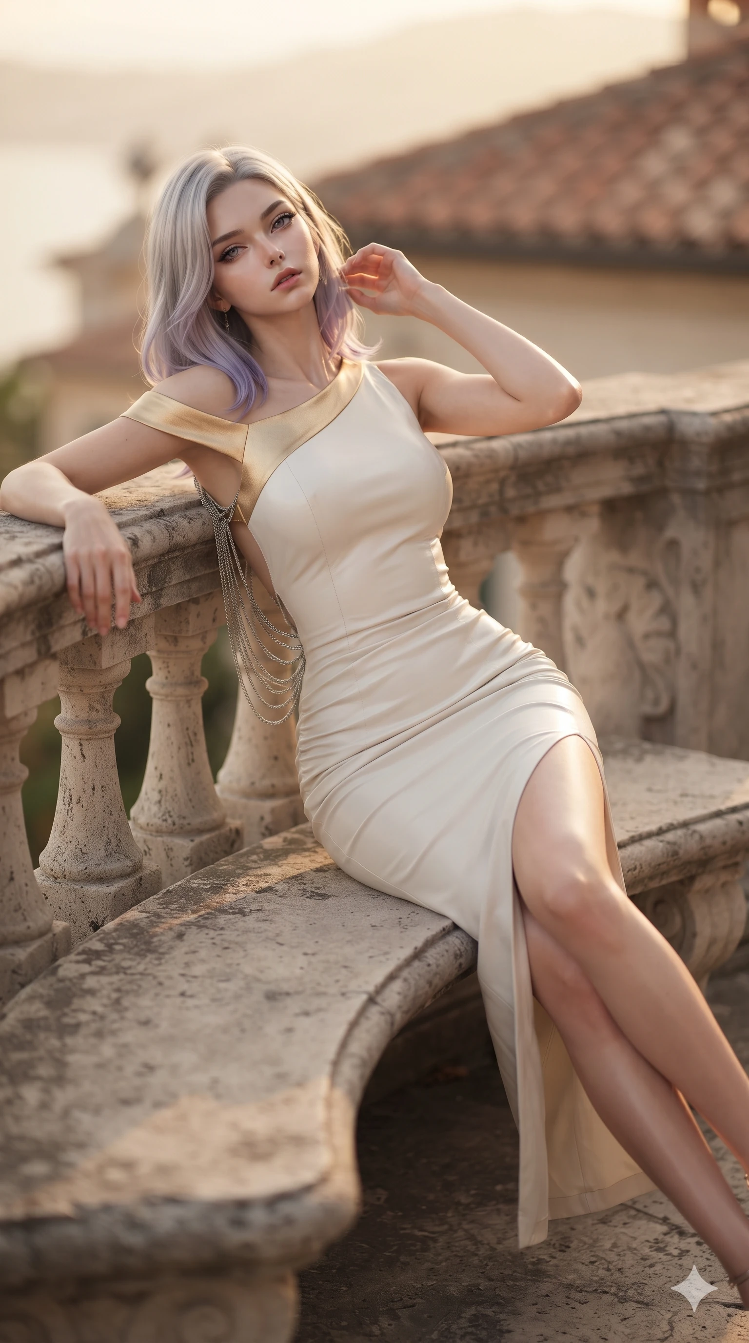 score_9, masterpiece, best quality, ultra-detailed, high-budget anime keyframe, editorial fashion photography, tasteful artistic composition, Caucasian woman. close-up cowboy shot from the waist and thighs up, the character dominates the composition, filling the frame with her large presence. leaning back against the balustrade with relaxed seductive grace, head tilted back slightly while casting a hypnotic, heavy-lidded gaze while reclining gracefully across the weathered stone bench with legs extended, her toned midriff and slender limbs radiating timeless Mediterranean glamour. The composition keeps background elements in soft focus with creamy bokeh: golden hour haze softened in private palazzo belvedere shallow focus. She has an exceptionally elegant, slender, and willowy female figure with an ultra-slim waist, flat toned midriff, narrow ribcage, and sculpted feminine hips creating an alluring, slim hourglass silhouette without bulk. sharp v-shaped jawline, high-bridge nose, intricate jewel-like eyes with depth, thick eyelashes, glossy parted lips with a natural sheen, intensely captivating and seductive bedroom-eyes expression, flawlessly proportioned anatomical accuracy, strict slender model proportions, natural body alignment, perfectly sculpted long slender limbs, ultra-slim waistline, clean dynamic posture without body distortion. wearing a form-contouring cocktail dress with an asymmetrical open shoulder and hip-defining ruching in pure alabaster white and sun-kissed gold, woven from buttery-soft stretch lambskin leather adhering to her body like a second skin, accented with an open-back drape framed by falling strands of delicate chrome chains, the glove-like clinging cut tightly following the natural contour of her hips and long slender legs with youthful 8.5-heads elegance. warm ambient bounce from terracotta tiles defining her long leg lines and perfectly proportioned willowy build. ultra-reflective glossy finish, specular highlights, rich textural contrasts, high-contrast stereoscopic depth, volumetric dynamic lighting, 2k, ultra detail, master piece, 9:16 ratio