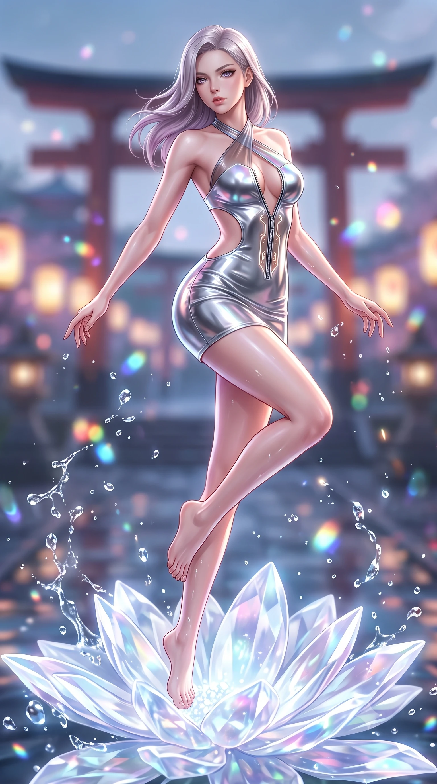 score_9, masterpiece, best quality, ultra-detailed, high-budget anime keyframe, semi-realistic 3D game render, editorial fashion photography, tasteful artistic composition, Caucasian woman. low angle full-body shot from head to toe showing her feet, filling the entire 9:16 vertical frame with her statuesque presence, stretching her vertical silhouette. leaping through mid-air with an athletic yet alluring arch of her spine, her impossibly long slender legs stretched in flawless poise while pivoting dynamically atop a luminous crystalline flower as water droplets splash in slow motion. The composition keeps background elements in soft focus with creamy bokeh. distant temple torii gates and lantern reflections softened in dreamy shallow focus. She has an absolutely perfect, statuesque 8.5-heads proportion, an exceptionally tall and slender model-like female figure with impossibly long slender legs and an ultra-slim waist. sharp v-shaped jawline, high-bridge nose, intricate jewel-like eyes with depth, thick eyelashes, glossy lips with a natural sheen, flawlessly proportioned anatomical accuracy, natural body alignment, perfectly sculpted elegant limbs, clean dynamic posture without body distortion. wearing a molten silver liquid-metal mini dress featuring deep side-waist cutouts and a daring crossover halter neckline in translucent smoky quartz and iridescent holographic sheen, crafted from ultra-reflective second-skin latex with a glass-like polish, featuring a dangerously unzipped neckline framed by glowing cybernetic accents, the form-contouring second-skin material highlighting her ultra-slim waist and long lines. bathed in pure crystal petal illumination and sparkling aquatic refractions. highly saturated vibrant anime colors, detailed shading with soft gradients, rich glossy textures, high-contrast stereoscopic depth, volumetric dynamic lighting, master piece, 9:16 ratio