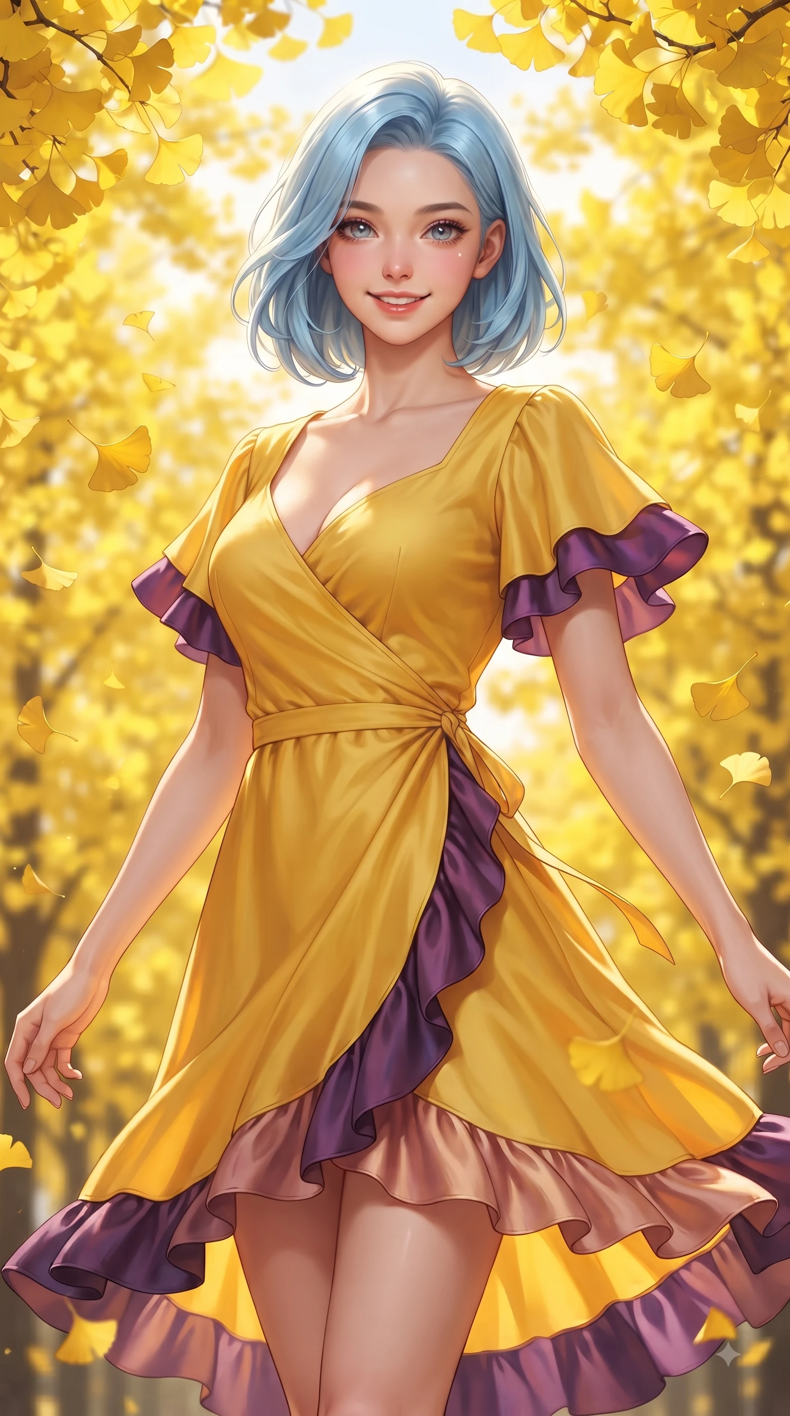 score_9, masterpiece, best quality, ultra-detailed, high-budget anime keyframe, editorial fashion photography, tasteful artistic composition, Korean woman. close-up cowboy shot from the waist and thighs up, the character dominates the composition, filling the frame with her large presence. Youthful cheerful smile exuding cute playful charm and radiant sparkle in her eyes while pivoting gracefully as golden ginkgo leaves flutter down like gold rain around her. The composition keeps background elements in soft focus with dreamy bokeh. dense canopies of bright yellow ginkgo leaves blurred into a radiant golden bokeh backdrop. She has an exceptionally elegant, slender, and willowy female figure with an ultra-slim waist, a gracefully sculpted slender torso, and a refined silhouette. sharp v-shaped jawline, high-bridge nose, intricate jewel-like eyes with depth, thick eyelashes, glossy lips with a natural sheen, flawlessly proportioned anatomical accuracy, natural body alignment, perfectly sculpted elegant limbs, clean dynamic posture without body distortion. wearing a cheerful sunflower yellow silk wrap dress with fluttery ruffle hems in deep amethyst purple and rose gold, crafted from soft breathable Italian linen, featuring elegant flutter sleeves and a graceful square neckline, the fluid drape swaying gracefully with her dynamic editorial movement. illuminated by bright glowing yellow ambient light and clear sky refractions. ultra-reflective glossy finish, specular highlights, metallic sheen, high-contrast stereoscopic depth, volumetric dynamic lighting, 2k, ultra detail, master piece, 9:16 ratio