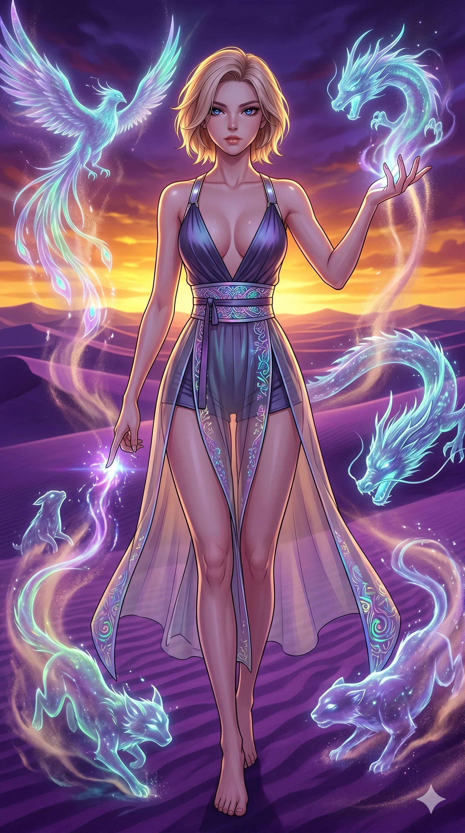 score_9, masterpiece, best quality, ultra-detailed, high-budget anime movie keyframe, cinematic anime lighting, intricate line art, Japanese woman. Low angle cowboy shot filling the entire 9:16 frame with her statuesque presence. summoning mystical spirits in a desert of purple sands during a golden sunset. She has an absolutely perfect 8-heads proportion, an exceptionally tall and slender female figure with an ultra-slim waist and impossibly long slender legs. sharp v-shaped jawline, high-bridge nose, intricate jewel-like eyes, thick eyelashes, glossy lips. Wearing modernized deep-plunging silk hanbok-fusion with metallic straps, a high-slit sheer skirt over micro-shorts, and holographic embroidered patterns. The scene is illuminated by dramatic atmospheric lighting and vibrant color palettes. , 2k, ultra detail, master piece, 9:16 ratio