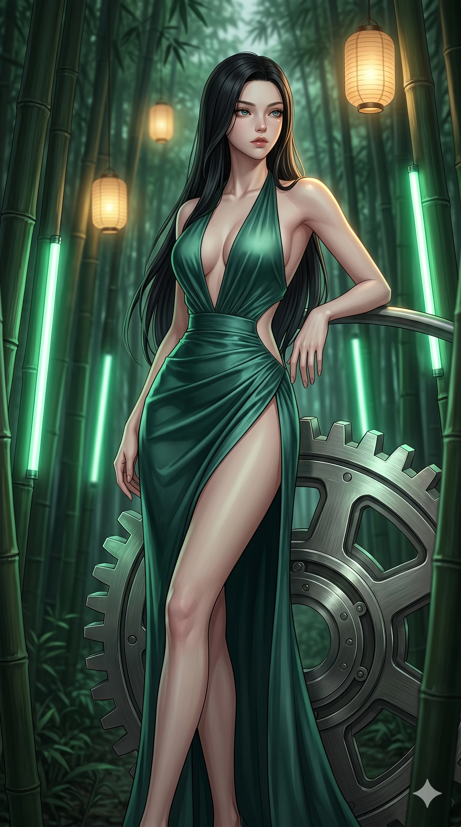 score_9, masterpiece, best quality, ultra-detailed, high-budget anime keyframe, editorial fashion photography, tasteful artistic composition, Korean woman. cowboy shot from the thighs up, character and outfit filling the frame for maximum editorial presence. leaning against a giant gear wheel, looking past the camera inside a quiet bamboo forest with glowing green light rods (Code-P17-081). She has an absolutely perfect 8-heads proportion, an exceptionally tall and slender female figure with impossibly long slender legs and an ultra-slim waist. V-shaped jawline, high-bridge nose, intricate jewel-like eyes with depth, thick eyelashes, glossy lips with a natural sheen. wearing a high-slit silk gown with a plunging halter neck and exposed waist. warm golden light from the floating lanterns, tracing the elegant curves of her neck. 2k, ultra detail, master piece, 9:16 ratio
