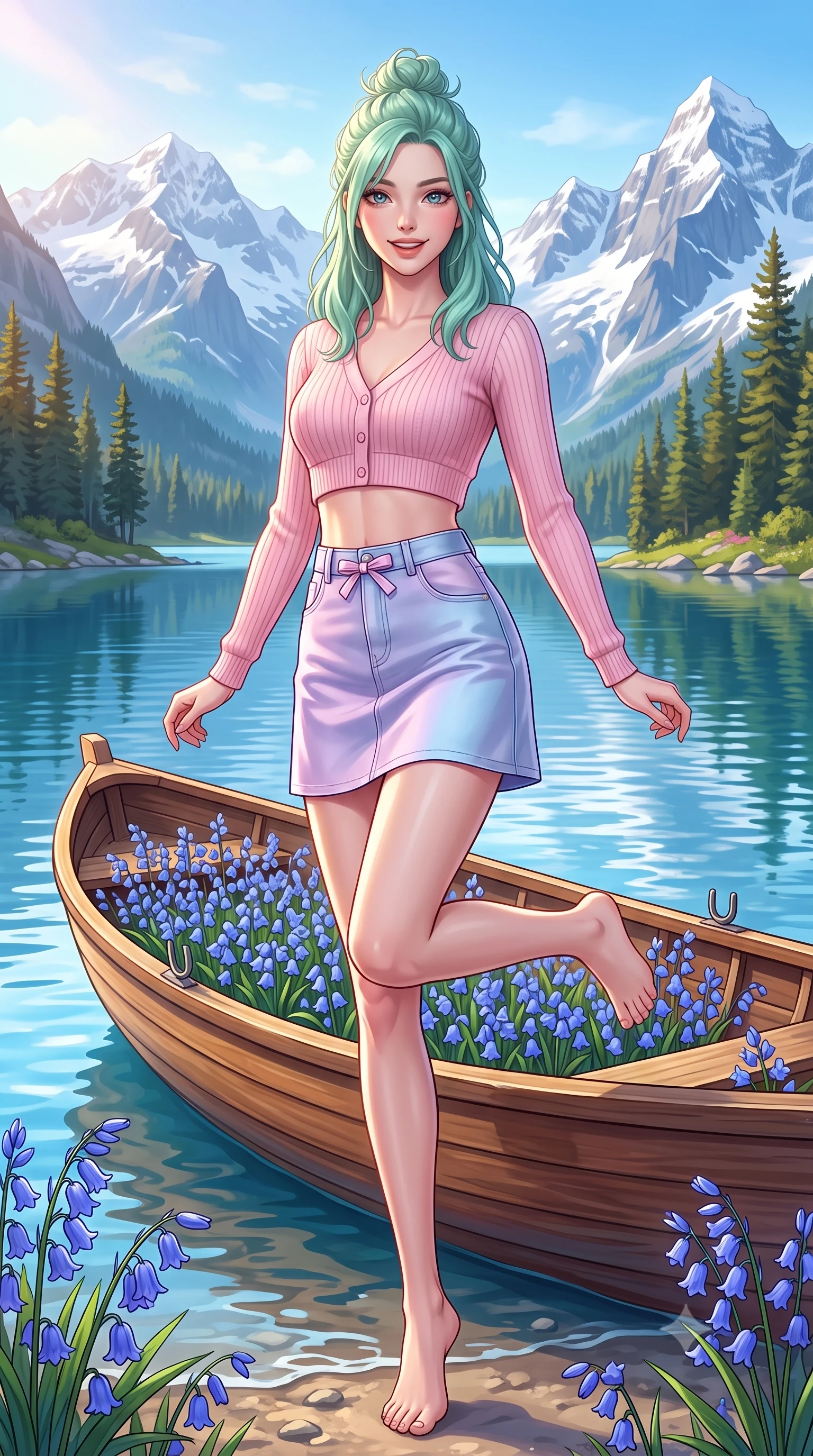 score_9, masterpiece, best quality, ultra-detailed, high-budget anime keyframe, semi-realistic 3D game render, editorial fashion photography, tasteful artistic composition, Japanese woman. low angle full-body shot from head to toe showing her feet, filling the entire 9:16 vertical frame with her statuesque presence, stretching her vertical silhouette. standing poised on one leg with a playful hop and joyful expression, her long legs and slender figure highlighted against the landscape while leaning gently against a vintage wooden rowboat filled with bluebells, casting a warm and charming gaze into the lens. The surrounding environment is rendered in vivid detail and crisp panoramic clarity. vivid high-contrast aquatic reflections and pristine mountain lake wilderness rendered with environmental sharpness. She has an absolutely perfect, statuesque 8.5-heads proportion, an exceptionally tall and slender model-like female figure with impossibly long slender legs, a toned flat midriff, and an ultra-slim waist. sharp v-shaped jawline, high-bridge nose, intricate jewel-like eyes with depth, thick eyelashes, glossy lips with a natural sheen, pure and lovely fresh girlhood expression, flawlessly proportioned anatomical accuracy, strict slender model proportions, natural body alignment, perfectly sculpted long slender limbs, ultra-slim waistline, clean dynamic posture without body distortion. wearing a lovely baby-pink cropped knit cardigan paired with a high-waisted denim A-line mini skirt in soft pastel lavender and delicate sky blue, crafted from smooth fluid silk satin with a natural gentle sheen, accented with a dainty ribbon bow at the waistline, the body-hugging lightweight knit clinging delicately to her slender torso, accentuating her graceful neck and feminine lines. surrounded by a serene, peaceful, and breathtakingly lovely lakeside maiden aura. highly saturated vibrant anime colors, detailed shading with soft gradients, rich glossy textures, high-contrast stereoscopic depth, volumetric dynamic lighting, master piece, 9:16 ratio
