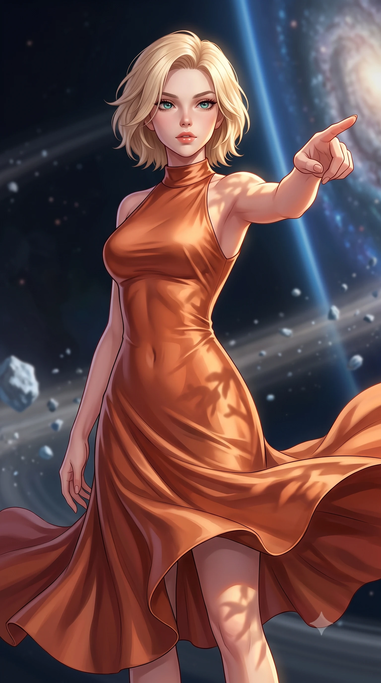 score_9, masterpiece, best quality, ultra-detailed, high-budget anime keyframe, editorial fashion photography, tasteful artistic composition, Caucasian woman, strictly human ears. close-up cowboy shot from the waist and thighs up, the character dominates the composition, filling the frame with her large presence, background elements kept in soft focus. Commanding the starship crew with a decisive gesture, pointing toward the galactic viewscreen. set against a soft-focus background of a dark pocket inside a planetary ring, surrounded by orbiting ice boulders and dust streams. She has an exceptionally elegant and slender, willowy female figure with an ultra-slim waist, a gracefully sculpted slender torso, and a refined slim physique. sharp v-shaped jawline, high-bridge nose, intricate jewel-like eyes with depth, thick eyelashes, glossy lips with a natural sheen. wearing the lightweight fabric rippling and billowing dramatically with her movement, a form-contouring form-fitting mock-neck midi dress in liquid copper silk, highlighting her slender build and elegant proportions. highly saturated vibrant anime colors, intense vivid color palette, soft 3D volumetric shading, volumetric dynamic lighting, warm golden afternoon sunbeams casting soft organic leaf shadows across her skin. 2k, ultra detail, master piece, 9:16 ratio