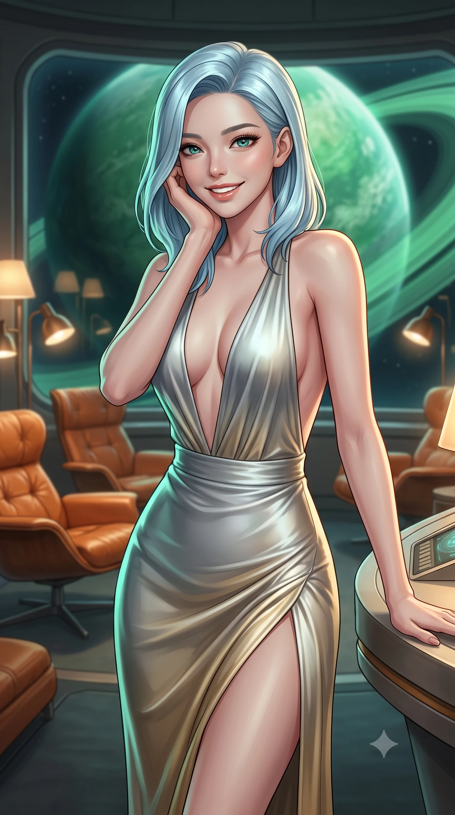 score_9, masterpiece, best quality, ultra-detailed, high-budget anime keyframe, editorial fashion photography, tasteful artistic composition, Korean woman. close-up cowboy shot from the waist and thighs up, the character dominates the composition, filling the frame with her large presence, background elements kept in soft focus. Resting her chin on her hand, smiling warmly with relaxed happiness. set against a soft-focus background of in a futuristic spaceship observation lounge with classic orange leather lounge chairs, looking through panoramic windows at a giant green ringed planet. She has an exceptionally elegant, slender, and willowy female figure with a highly-defined ultra-slim waist, a gracefully sculpted slender torso, and a refined slim-fit silhouette that contours her form. sharp v-shaped jawline, high-bridge nose, intricate jewel-like eyes with depth, thick eyelashes, glossy lips with a natural sheen. wearing a deep plunging-V neck maxi dress in a liquid silver and gold gradient, featuring a bold open-back and a daring high slit. cool emerald light reflecting from the ringed planet outside, mixed with warm ambient reading lamps inside the solarium. 2k, ultra detail, master piece, 9:16 ratio