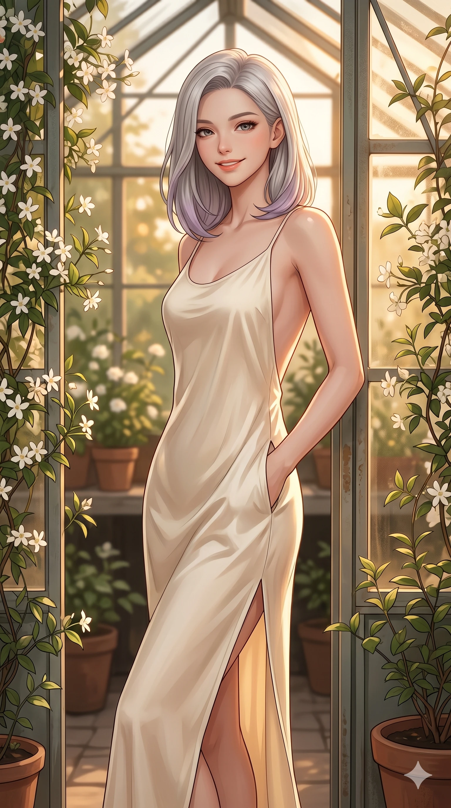 score_9, masterpiece, best quality, ultra-detailed, high-budget anime keyframe, editorial fashion photography, tasteful artistic composition, Caucasian woman, strictly human ears. cowboy shot from the thighs up, character and outfit filling the frame for maximum editorial presence. smiling warmly with a serene and joyful expression, looking at the camera inside a classic courtyard greenhouse with climbing white jasmines. She has an absolutely perfect 8-heads proportion, an exceptionally tall and slender female figure with impossibly long slender legs and an ultra-slim waist. V-shaped jawline, high-bridge nose, intricate jewel-like eyes with depth, thick eyelashes, glossy lips with a natural sheen. wearing a soft cream silk slip dress with an open-back design and high side slit. bathed in warm golden hour light filtering through the glass, creating a cozy atmosphere. 2k, ultra detail, master piece, 9:16 ratio