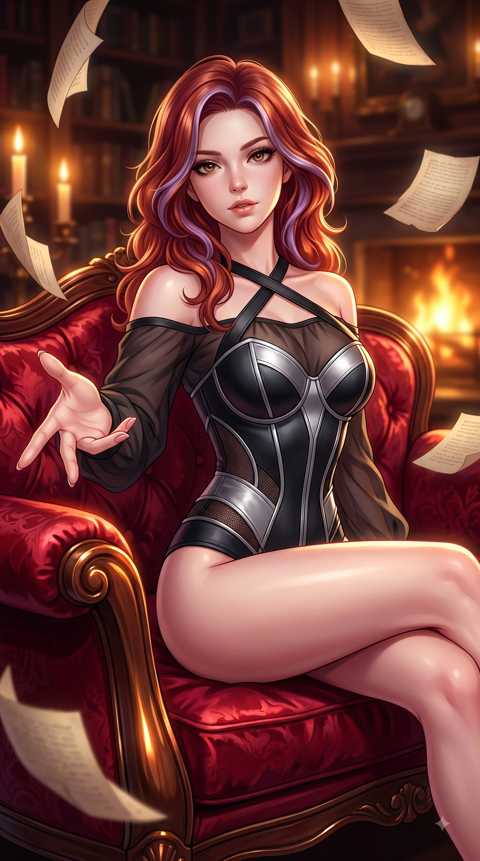 score_9, masterpiece, best quality, ultra-detailed, high-budget anime keyframe, editorial fashion photography, tasteful artistic composition, Caucasian woman. close-up cowboy shot from the waist and thighs up, the character dominates the composition, filling the frame with her large presence, background elements kept in soft focus. Reaching one arm gracefully toward the camera with magnetic poise, displaying her statuesque silhouette while lounging on an antique silk velvet sofa as floating parchment pages hover gently around her, rich velvet and polished wood textures reflecting brilliant warm highlights. She has an exceptionally elegant, slender, and willowy female figure with an ultra-slim waist, a gracefully sculpted slender torso, and a refined silhouette. sharp v-shaped jawline, high-bridge nose, intricate jewel-like eyes with depth, thick eyelashes, glossy lips with a natural sheen, flawlessly proportioned anatomical accuracy, natural body alignment, perfectly sculpted elegant limbs, clean dynamic posture without body distortion. wearing a tailored leather bustier over a sheer silk chiffon blouse in matte black and polished silver, formed from sleek second-skin neoprene, complemented by criss-cross back straps highlighting her bare shoulders, the form-contouring material highlighting her ultra-slim waist and long lines. bathed in rich amber candlelight and warm golden hearth flame backlighting. highly saturated vibrant anime colors, detailed shading with soft gradients, rich glossy textures, high-contrast stereoscopic depth, volumetric dynamic lighting, master piece, 9:16 ratio