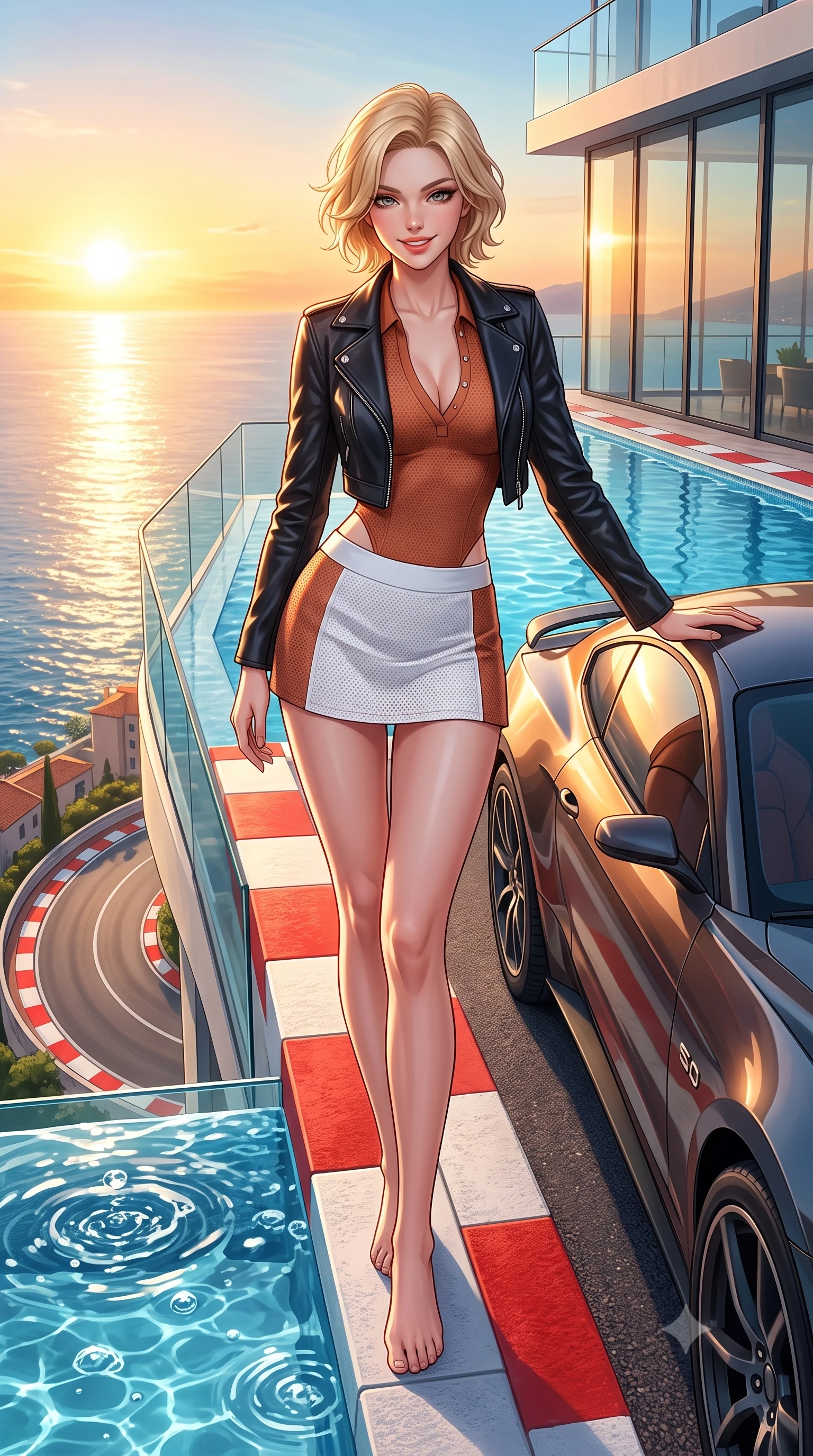score_9, masterpiece, best quality, ultra-detailed, high-budget anime keyframe, semi-realistic 3D game render, editorial fashion photography, tasteful artistic composition, Caucasian woman. low angle full-body shot from head to toe showing her feet, filling the entire 9:16 vertical frame with her statuesque presence, stretching her vertical silhouette. standing in a tall, confident posture with one hand on the sports car roof, stretching her statuesque body as she arches her lower back to emphasize her sculpted feminine hips and slender waist while standing poised on the rooftop pool terrace directly overlooking the famous tight hairpin curve, arching her back with breathtaking glamour. The surrounding environment is rendered in vivid detail and crisp panoramic clarity: sharp red curb paint texture, glass balustrade clarity, and bubbling pool water surface ripples in deep focus. She has an absolutely perfect, statuesque 8.5-heads proportion, an exceptionally tall and slender model-like female figure with impossibly long slender legs, an ultra-slim waist, a flat toned midriff, narrow delicate ribcage, and beautifully sculpted feminine hips creating a graceful, slim hourglass silhouette without any bulky heaviness. sharp v-shaped jawline, high-bridge nose, sparkling eyes with athletic focus and depth, thick curled eyelashes, glossy parted lips with a natural coral-peach sheen, bright confident and coquettish smile with alluring bedroom-eyes, exuding both youthful sporty vigor and sovereign high-society glamour, flawlessly proportioned anatomical accuracy, strict slender model proportions, natural body alignment, perfectly sculpted long slender limbs, ultra-slim waistline, clean dynamic posture without body distortion. wearing a cropped leather motorcycle jacket worn over a plunging polo bodysuit and tailored white micro-skirt in classic clay-court terracotta and cloud white, woven from semi-opaque performance athletic mesh with hexagonal micro-perforations, finished with criss-cross back athletic straps highlighting her graceful shoulder blades, the liquid-tight tailored fabric clinging flawlessly to her narrow waist and rounded feminine hips, emphasizing every millimeter of her sculpted slim hourglass curves without any bulky heaviness. bathed in molten golden hour sunset light reflecting off the Mediterranean Sea and hotel glass. highly saturated vibrant anime colors, detailed shading with soft gradients, rich glossy textures, high-contrast stereoscopic depth, volumetric dynamic lighting, master piece, 9:16 ratio