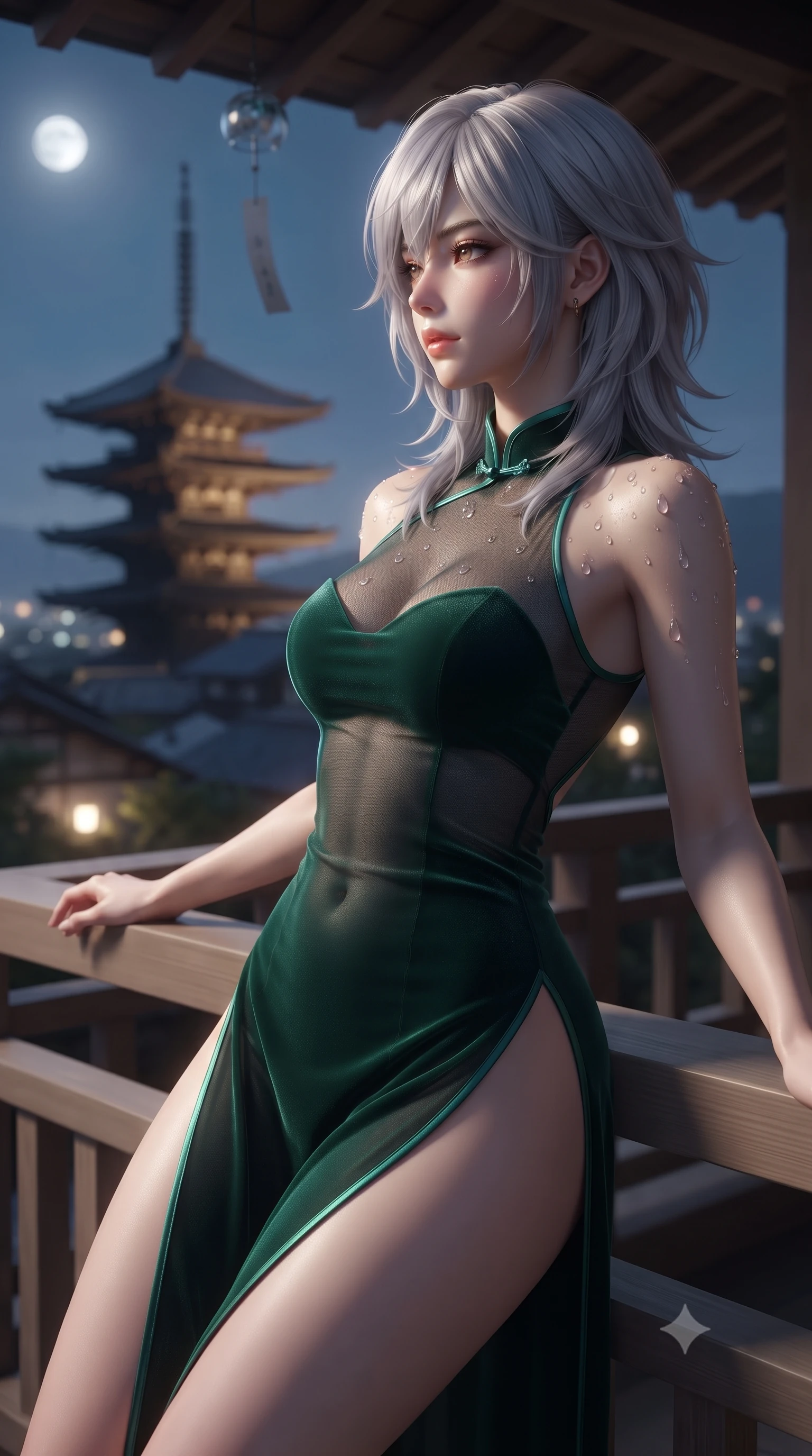score_9, masterpiece, best quality, ultra-detailed, high-budget anime keyframe, editorial fashion photography, tasteful artistic composition, Japanese woman. close-up cowboy shot from the waist and thighs up, the character dominates the composition, filling the frame with her large presence. leaning back against the balustrade with relaxed seductive grace, head tilted back slightly while casting a hypnotic, heavy-lidded gaze while leaning against the minimalist timber balustrade with hips cocked back, looking toward the distant illuminated Yasaka Pagoda with smoldering eyes. The background shows a soft-focus wind-chimes hanging from eaves softened in serene nocturnal panoramic shallow focus. She has an exceptionally elegant, slender, and willowy female figure with an ultra-slim waist, flat toned midriff, narrow ribcage, and sculpted feminine hips creating an alluring, slim hourglass silhouette without bulk. sharp v-shaped jawline, high-bridge nose, sparkling eyes with hypnotic seductive depth, thick curled eyelashes, glossy parted lips with a natural dewy peach sheen, alluring bedroom-eyes with an enchanting coquettish smile, exuding magnetic siren charisma and sophisticated glamour, flawlessly proportioned anatomical accuracy, strict slender model proportions, natural body alignment, perfectly sculpted long slender limbs, ultra-slim waistline, clean dynamic posture without body distortion. wearing a modern cheongsam-inspired form-fitting sheer mesh cocktail dress with mandarin collar and dramatic hip-high side slits in Monaco casino emerald and royal champagne, tailored from ultra-plush velvet with rich tactile depth and deep shadow gradients, finished with glistening drops of hot spring or lagoon water beading across her sculpted shoulders and collarbones, the precision-cut side openings and low-back scoop framing her graceful spine and the sensual sweep of her slim, toned hips. bathed in soft low-voltage floor wash lighting combined with distant city glow and silver full moonlight. ultra-reflective glossy finish, specular highlights, rich textural contrasts, high-contrast stereoscopic depth, volumetric dynamic lighting, 2k, ultra detail, master piece, 9:16 ratio