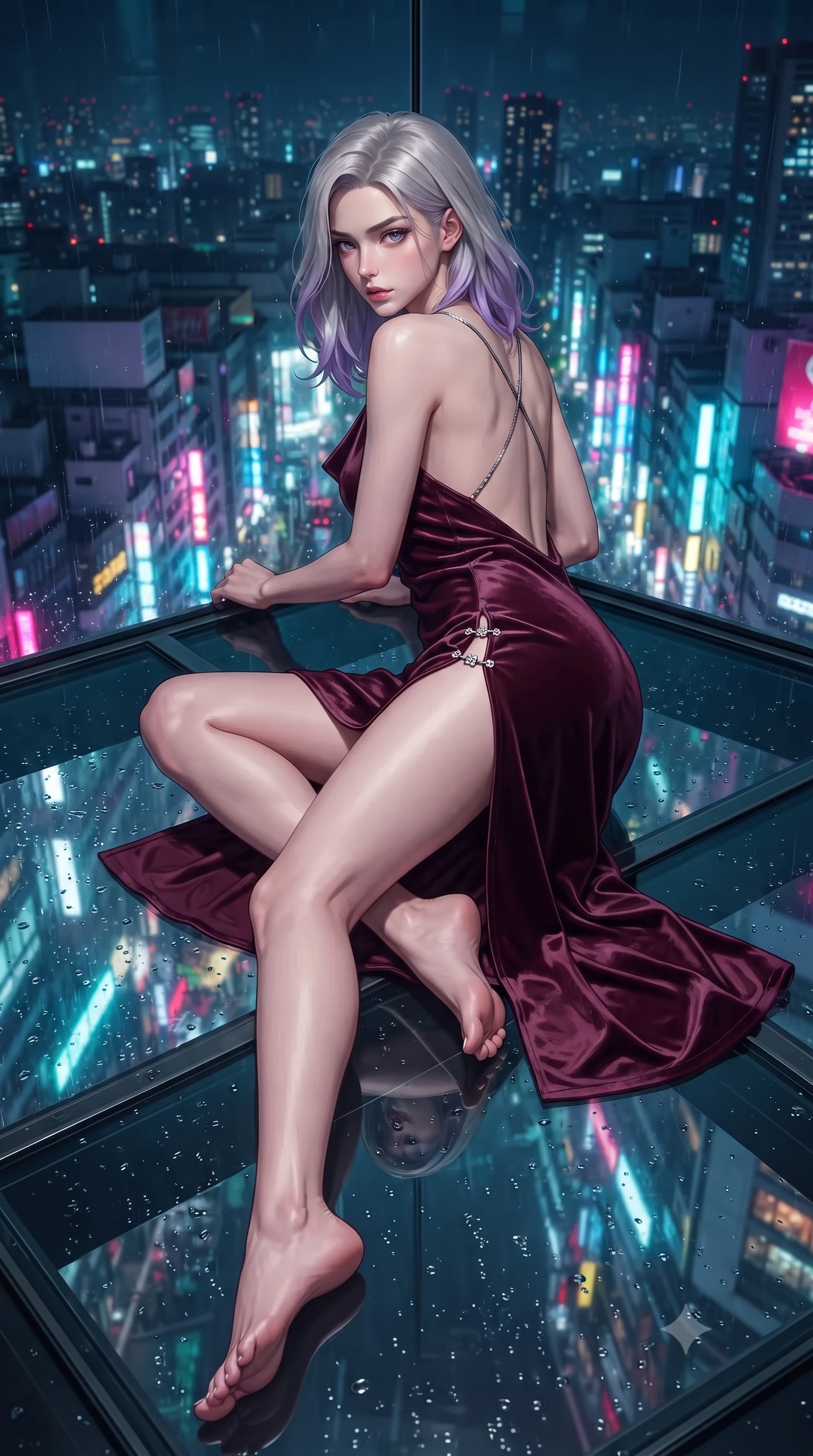 score_9, masterpiece, best quality, ultra-detailed, high-budget anime keyframe, editorial fashion photography, tasteful artistic composition, Caucasian woman. low angle full-body shot from head to toe showing her feet, filling the entire 9:16 vertical frame with her statuesque presence, stretching her vertical silhouette. reclining on her side in an elegant Cleopatra pose with one knee drawn up, the dramatic contour of her rounded hips and long slender legs commanding the 9:16 vertical frame while standing poised on the structural glass floor looking back over a bare shoulder, rain droplets glistening on the glass beneath her long slender legs. The surrounding environment is rendered in vivid detail and crisp panoramic clarity. detailed fabric sheen, neon reflection clarity, and endless Tokyo metropolis panorama in high resolution. She has an exceptionally tall and slender model-like 8.5-heads proportion, an ultra-slim waist, a flat toned midriff, narrow delicate ribcage, and beautifully sculpted feminine hips creating a graceful, slim hourglass silhouette without any bulky heaviness, with impossibly long slender legs. sharp v-shaped jawline, high-bridge nose, intricate jewel-like eyes with depth, thick eyelashes, glossy parted lips with a natural sheen, intensely captivating and seductive bedroom-eyes expression, flawlessly proportioned anatomical accuracy, strict slender model proportions, natural body alignment, perfectly sculpted long slender limbs, ultra-slim waistline, clean dynamic posture without body distortion. wearing a backless cowl-neck satin slip dress featuring high-cut side hip slits and delicate criss-cross back straps in deep wine burgundy and brushed dark platinum, crafted from heavyweight crushed silk velvet with liquid vintage luster, finished with an ultra-high side slit secured by miniature jeweled clasps, the form-contouring material adhering flawlessly to her sculpted flat midriff and slender torso, emphasizing her long leg lines and perfectly proportioned willowy build. illuminated by wet specular glass bounce lights sculpting her razor-sharp jawline, narrow waist, and curvy hips. ultra-reflective glossy finish, specular highlights, rich textural contrasts, high-contrast stereoscopic depth, volumetric dynamic lighting, 2k, ultra detail, master piece, 9:16 ratio
