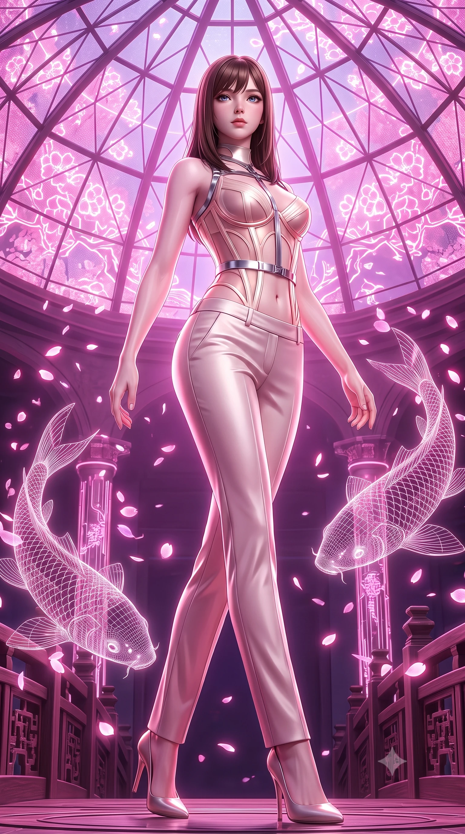 score_9, masterpiece, best quality, ultra-detailed, high-budget anime keyframe, semi-realistic 3D game render, editorial fashion photography, tasteful artistic composition, Korean woman. low angle full-body shot from head to toe showing her feet, filling the entire 9:16 vertical frame with her statuesque presence, stretching her vertical silhouette. arching her spine in a fluid zero-gravity turn with sovereign grace, her long slender legs and sculpted torso creating a sweeping line while striding gracefully beneath a soaring geometric cybernetic stained-glass dome as glowing pink digital sakura petals swirl around her. The surrounding environment is rendered in vivid detail and crisp panoramic clarity. intricate holographic koi wireframe scales, glowing pillar conduits, and bridge carvings in high clarity. She has an absolutely perfect, statuesque 8.5-heads proportion, an exceptionally tall and slender model-like female figure with impossibly long slender legs, a toned flat midriff, and an ultra-slim waist. sharp v-shaped jawline, high-bridge nose, intricate jewel-like eyes with depth, thick eyelashes, glossy lips with a natural sheen, flawlessly proportioned anatomical accuracy, strict slender model proportions, natural body alignment, perfectly sculpted long slender limbs, ultra-slim waistline, clean dynamic posture without body distortion. wearing a structured translucent cyber-corset paired with tailored high-fashion satin trousers that sharply cinch her ultra-slim waist in sculpted rose gold and luminescent champagne ivory, made of liquid jersey fabric that clings flawlessly to every contour of her build, reinforced by a sleek metallic chrome harness and delicate glowing micro-straps, the precision-cut daring openings accentuating her delicate midriff, graceful bare collarbones, and ultra-slim feminine waistline. bathed in luminous magenta and rose-pink digital sakura backlighting with soft violet fill. rich saturated anime colors with glowing neon highlights, detailed shading with soft gradients, rich glossy textures, high-contrast stereoscopic depth, volumetric dynamic lighting, master piece, 9:16 ratio