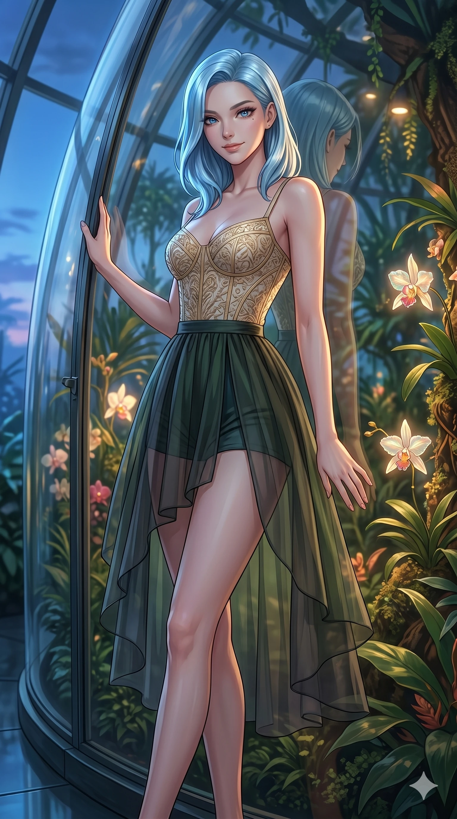 score_9, masterpiece, best quality, ultra-detailed, high-budget anime keyframe, editorial fashion photography, tasteful artistic composition, Korean woman. cowboy shot from the thighs up, character and outfit filling the frame for maximum editorial presence. leaning against the glass tunnel wall, looking at the viewer with a smile in a rainforest dome with glowing orchids (Code-P17-163). She has an absolutely perfect 8-heads proportion, an exceptionally tall and slender female figure with impossibly long slender legs and an ultra-slim waist. V-shaped jawline, high-bridge nose, intricate jewel-like eyes with depth, thick eyelashes, glossy lips with a natural sheen. wearing a fine patterned embroidery structured bodice top paired with a translucent skirt. soft blue twilight glow mixed with warm window light, tracing her jawline and nose. 2k, ultra detail, master piece, 9:16 ratio