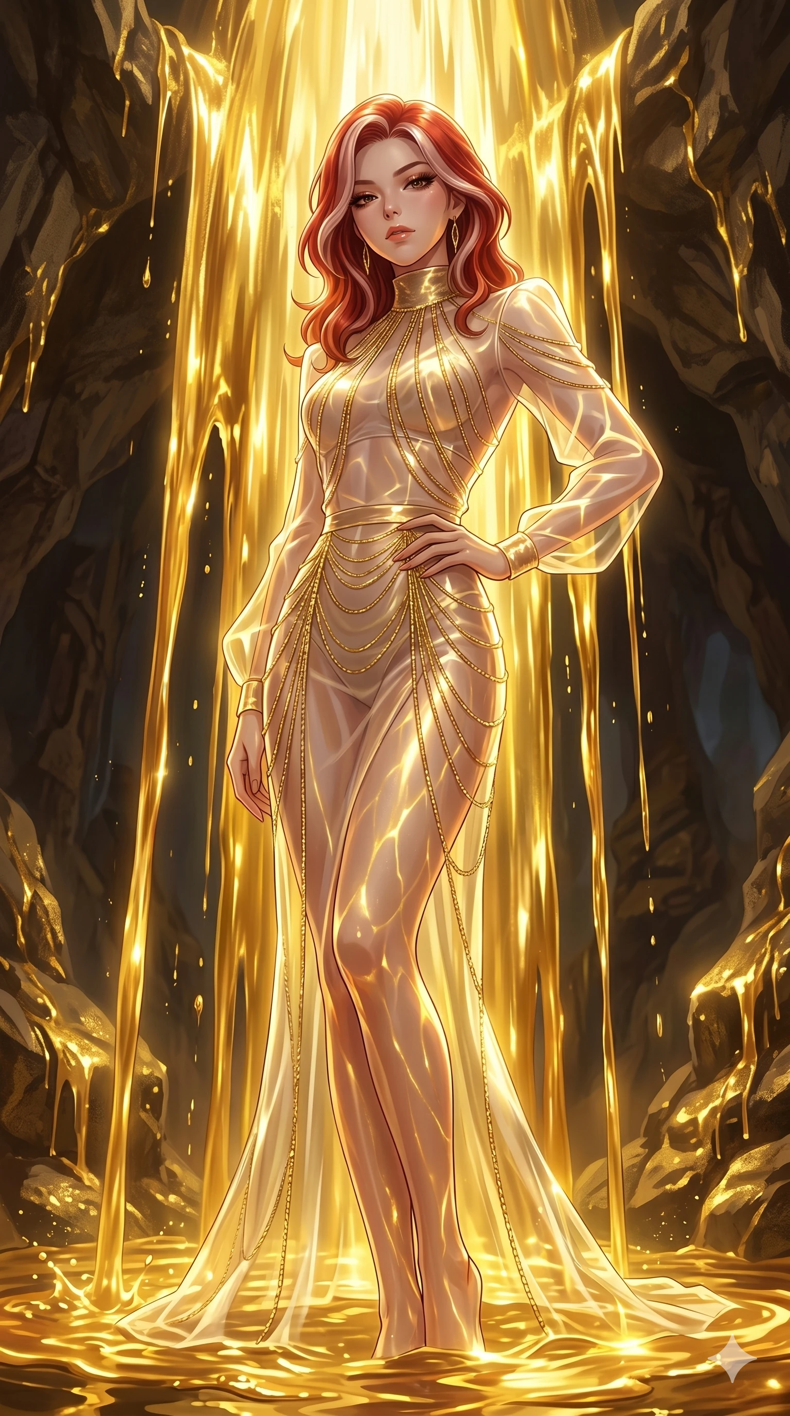 score_9, masterpiece, best quality, ultra-detailed, High-budget Anime Keyframe, East Asian woman. Low angle cowboy shot filling the entire 9:16 frame with her statuesque presence. Scenario 129: Standing under a waterfall of liquid gold, the artistic light reflections on her silhouette. Her presence is magnetic and overpowering in this high-budget anime scene. Outfit 129: A translucent organza translucent with a elegant high-fashion silhouette and fine gold chains. The clothing is designed to emphasize her exceptionally tall and slender 8-heads proportion. 8-heads proportion, towering silhouette, ultra-slim waist. sharp v-shaped jawline, intricate jewel-like eyes with depth, thick eyelashes, glossy lips. 2k, ultra detail, master piece, 9:16 ratio