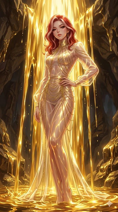 score_9, masterpiece, best quality, ultra-detailed, High-budget Anime Keyframe, East Asian woman. Low angle cowboy shot filling the entire 9:16 frame with her statuesque presence. Scenario 129: Standing under a waterfall of liquid gold, the artistic 