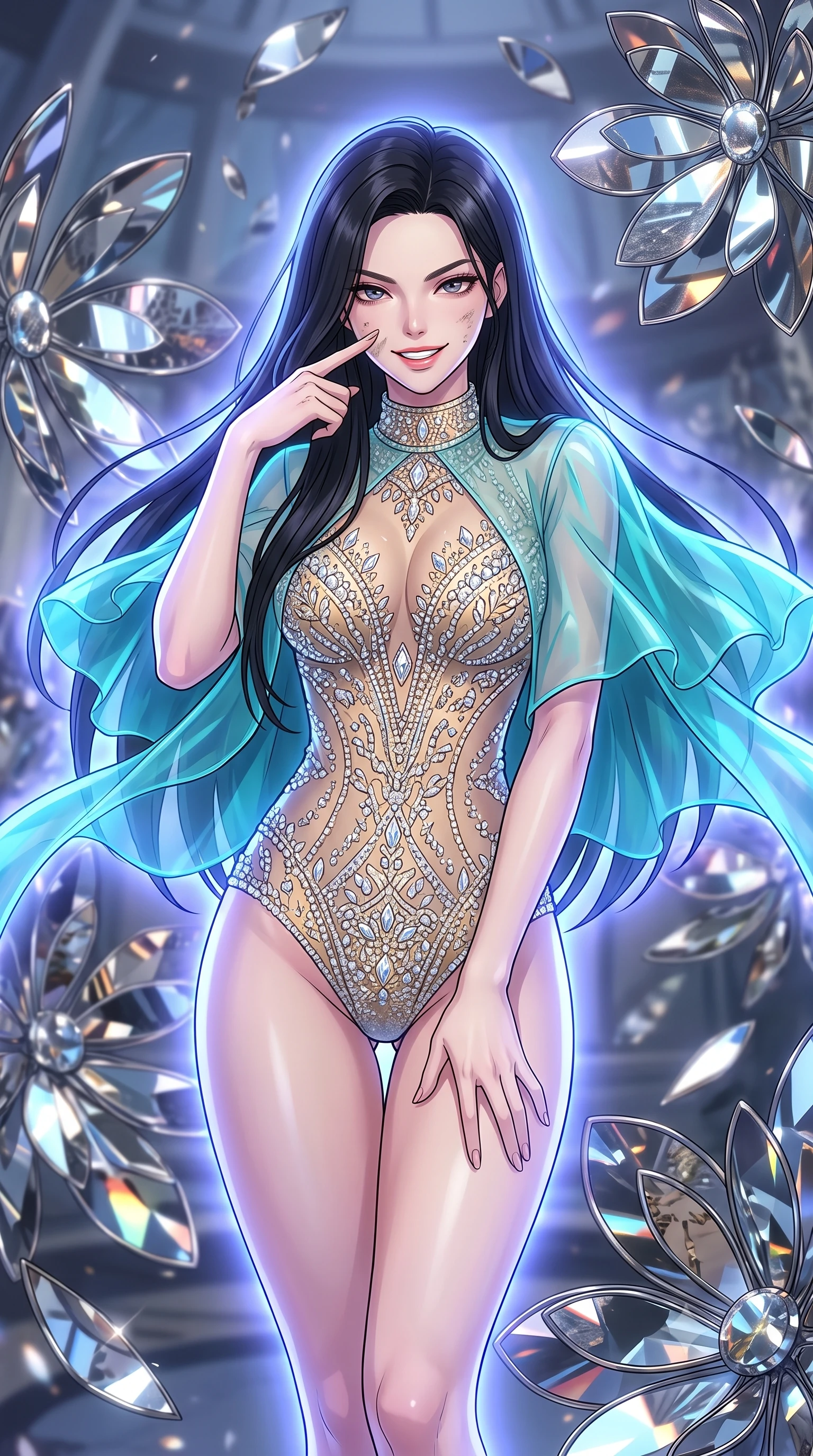 score_9, masterpiece, best quality, ultra-detailed, high-budget anime keyframe, clean line-art, cel-shading, Korean woman. close-up cowboy shot from the waist and thighs up, the character dominates the composition, filling the frame with her large presence, background elements kept in soft focus. Wiping a smudge of dust from her cheek with a confident, defiant grin. set against a soft-focus background of a chamber where metal flower petals made of mirrors are spinning in a whirlwind, reflecting the surroundings. She has an exceptionally elegant and slender, willowy female figure with an ultra-slim waist, a gracefully sculpted slender torso, and a refined slim physique. sharp v-shaped jawline, high-bridge nose, intricate jewel-like eyes with depth, thick eyelashes, glossy lips with a natural sheen. wearing the lightweight fabric rippling and billowing dramatically with her movement, a body-hugging crystal-embellished sheer bodysuit in gold and silver, under a short transparent turquoise organza cape. cool ethereal blue-violet bioluminescent glow wrapping around her from all sides. highly saturated vibrant anime colors, intense vivid color palette, volumetric dynamic lighting, 2k, ultra detail, master piece, 9:16 ratio