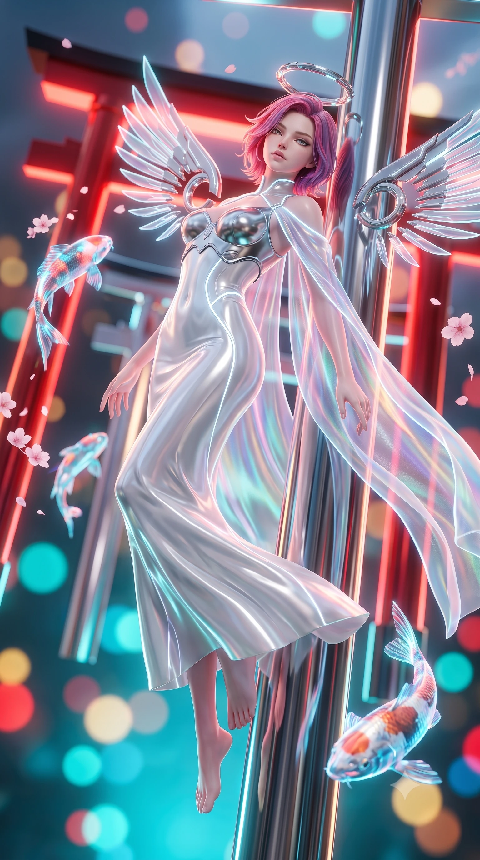 score_9, masterpiece, best quality, ultra-detailed, high-budget anime keyframe, semi-realistic 3D game render, editorial fashion photography, tasteful artistic composition, Caucasian woman. low angle full-body shot from head to toe showing her feet, filling the entire 9:16 vertical frame with her statuesque presence, stretching her vertical silhouette. arching her back gracefully in mid-air as glowing mechanical wings and floating cybernetic halos frame her statuesque presence while leaning against a chrome torii pillar with a serene, haughty gaze as digital cherry blossoms float past. The composition keeps background elements in soft focus with creamy bokeh. floating chrome torii gates and swimming holographic koi blurred into vibrant scarlet, cyan, and gold bokeh. She has an absolutely perfect, statuesque 8.5-heads proportion, an exceptionally tall and slender model-like female figure with impossibly long slender legs, a toned flat midriff, and an ultra-slim waist. sharp v-shaped jawline, high-bridge nose, intricate jewel-like eyes with depth, thick eyelashes, glossy lips with a natural sheen, flawlessly proportioned anatomical accuracy, strict slender model proportions, natural body alignment, perfectly sculpted long slender limbs, ultra-slim waistline, clean dynamic posture without body distortion. wearing a form-contouring white liquid-mercury gown with polished silver biomechanical breastplate and flowing luminescent chiffon cape in high-contrast monochrome white enamel and glowing amber lines, crafted from delicate iridescent organza interwoven with luminescent micro-fibers, accented with glowing fiber-optic seams tracing her collarbones and hip curves, the sleek second-skin cut tightly hugging her graceful clavicle, narrow waist, and feminine curves with athletic precision. bathed in glowing scarlet torii gate backlighting and aquatic cyan matrix uplights. rich saturated anime colors with glowing neon highlights, detailed shading with soft gradients, rich glossy textures, high-contrast stereoscopic depth, volumetric dynamic lighting, master piece, 9:16 ratio