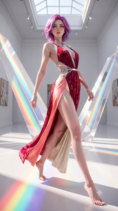 score_9, masterpiece, best quality, ultra-detailed, high-budget anime keyframe, editorial fashion photography, tasteful artistic composition, Caucasian woman. low angle full-body shot from head to toe showing her feet, filling the entire 9:16 vertica