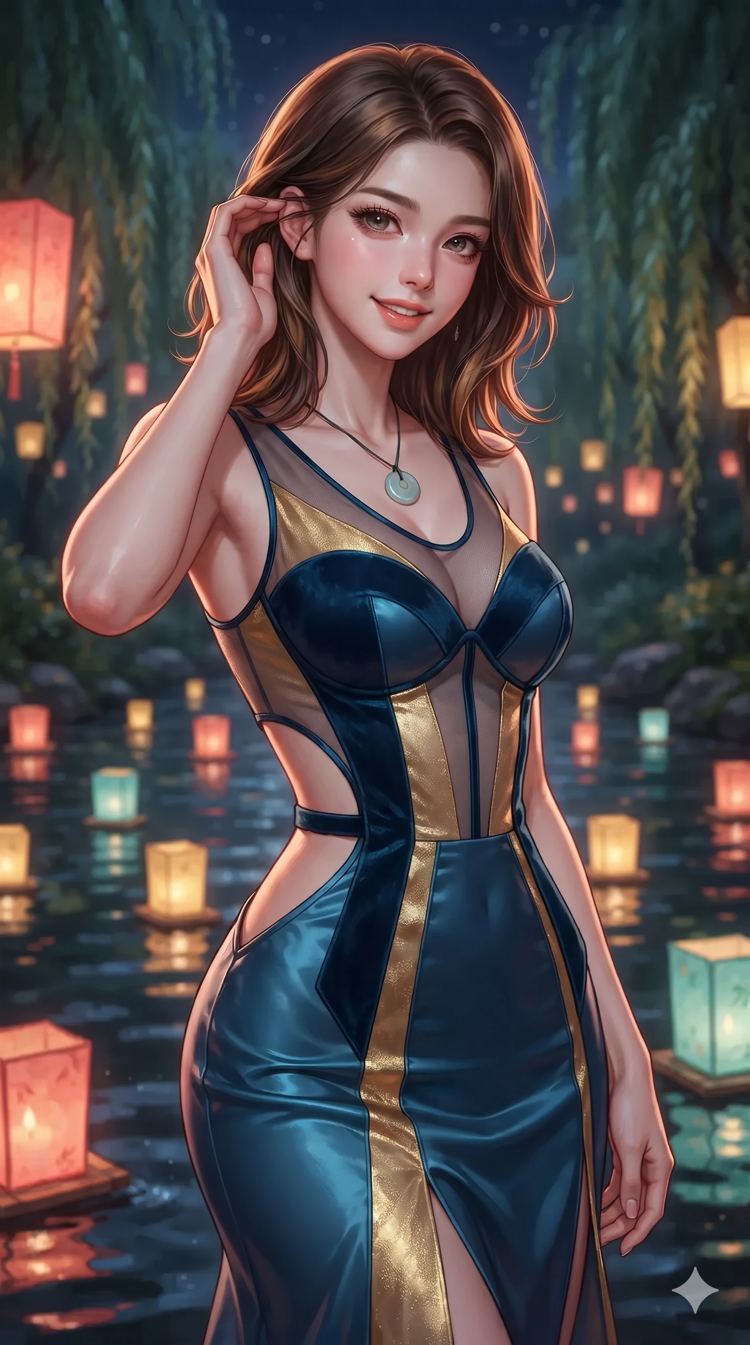score_9, masterpiece, best quality, ultra-detailed, high-budget anime keyframe, editorial fashion photography, tasteful artistic composition, Korean woman. close-up cowboy shot from the waist and thighs up, the character dominates the composition, filling the frame with her large presence. gently brushing a lock of silk hair behind her ear while casting a playful, flirtatious side-gaze with long eyelashes while twisting her slender torso in an alluring contrapposto stance, floating paper lanterns casting warm coral and gold highlights across her curves. The background shows a soft-focus floating paper lantern lights on the stream and weeping willows blurred into coral, gold, and aquamarine bokeh. She has an exceptionally elegant, slender, and willowy female figure with an ultra-slim waist, flat toned midriff, narrow ribcage, and sculpted feminine hips creating an alluring, slim hourglass silhouette without bulk. sharp v-shaped jawline, high-bridge nose, sparkling eyes with hypnotic seductive depth, thick curled eyelashes, glossy parted lips with a natural dewy peach sheen, alluring bedroom-eyes with an enchanting coquettish smile, exuding magnetic siren charisma and sophisticated glamour, flawlessly proportioned anatomical accuracy, strict slender model proportions, natural body alignment, perfectly sculpted long slender limbs, ultra-slim waistline, clean dynamic posture without body distortion. wearing a sheer-illusion mesh corset gown with strategic opaque velvet hanbok panels framing her waist and hips in deep ocean cobalt and shimmering gold leaf, tailored from smooth liquid silk satin with a natural dewy moonlight sheen, finished with a minimalist celadon porcelain pendant on a fine silk cord, the precision-cut side openings and low-back scoop framing her graceful spine and the sensual sweep of her slim, toned hips. bathed in radiant celestial moonlight combined with floating candle lantern glows from the stream. ultra-reflective glossy finish, specular highlights, rich textural contrasts, high-contrast stereoscopic depth, volumetric dynamic lighting, 2k, ultra detail, master piece, 9:16 ratio