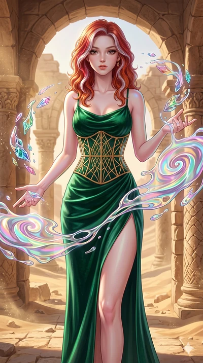 score_9, masterpiece, best quality, ultra-detailed, high-budget anime keyframe, Caucasian woman, strictly human ears. upper body close-up from the thighs up, character filling the screen for maximum presence. interacting with liquid stained-glass tha