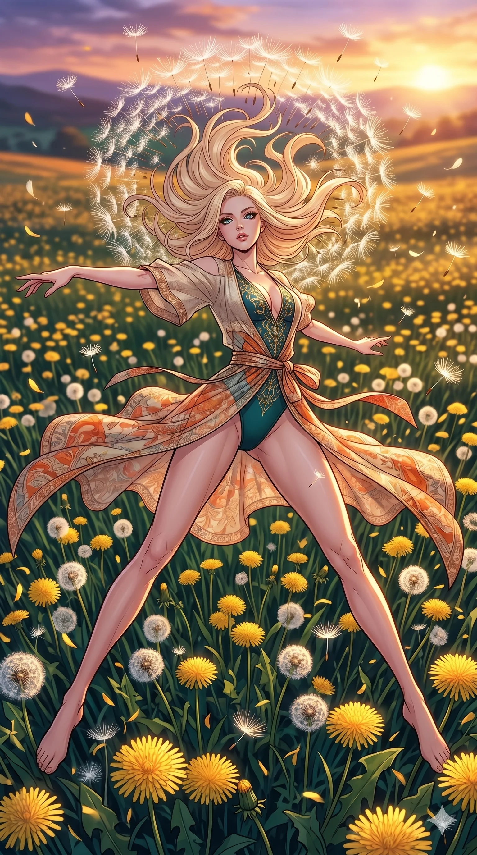score_9, masterpiece, best quality, ultra-detailed, high-budget anime movie keyframe, cinematic anime lighting, intricate line art, Korean woman. Extreme high angle shot as she leaps towards the camera, filling the frame. collapsing in a field of dandelions as their seeds form a crown. She has an absolutely perfect 8-heads proportion, an exceptionally tall and slender female figure with an ultra-slim waist and impossibly long slender legs. strictly human anatomy, two legs only, no extra limbs, clearly defined legs and arms, perfect anatomy, perfect hands and fingers. sharp v-shaped jawline, high-bridge nose, intricate jewel-like eyes, thick eyelashes, glossy lips. Wearing Seasonal/Resort: High-cut one-piece with sarong, linen sundress with tie-back, and sheer fabric wrap. The scene is illuminated by dramatic atmospheric lighting and vibrant color palettes. , 2k, ultra detail, master piece, 9:16 ratio