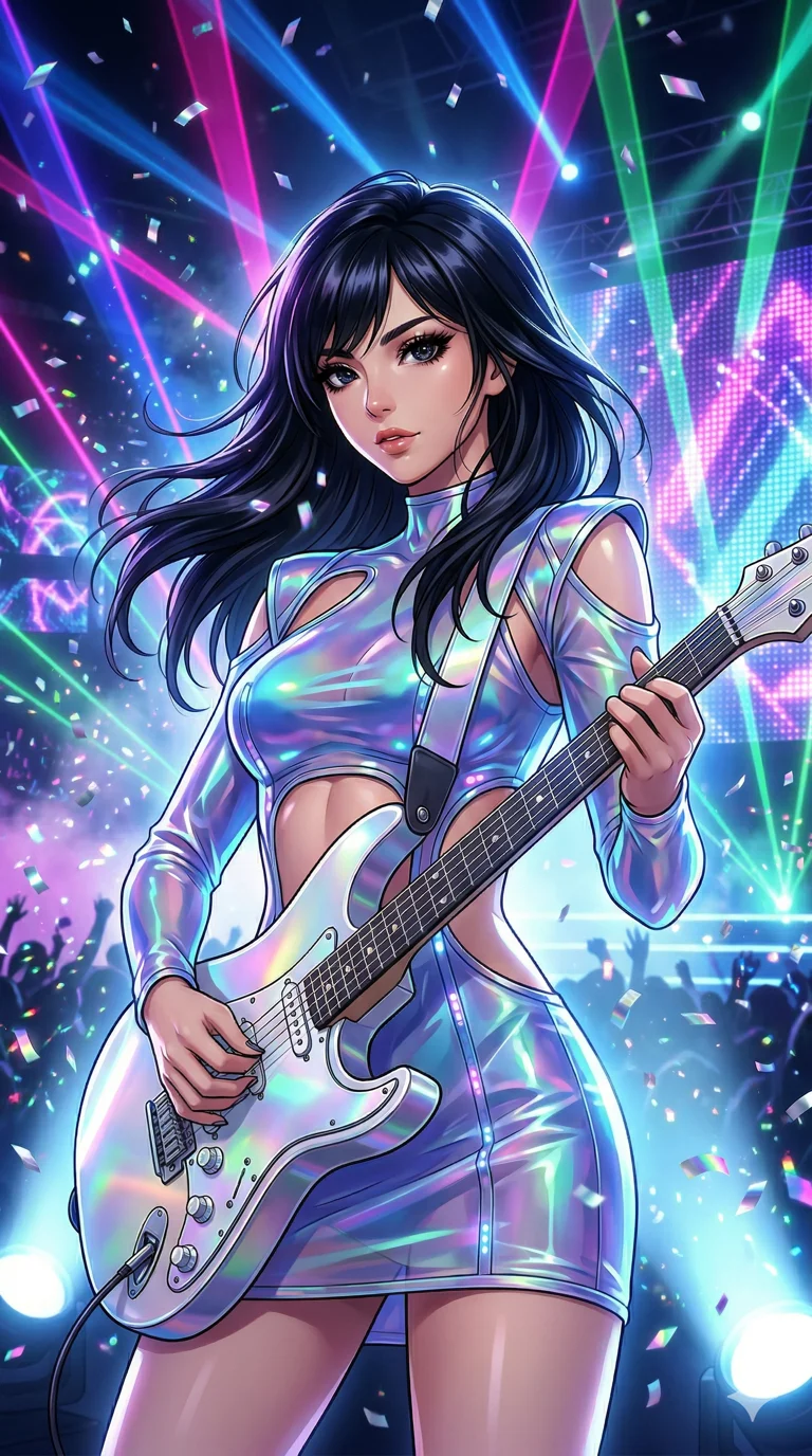 score_9, masterpiece, best quality, ultra-detailed, semi-realistic high-budget anime keyframe, an incredibly beautiful Japanese woman. Medium shot of upper body filling more than half of the frame. She has an absolutely perfect 8-heads proportion, an exceptionally tall female figure with a delicate skinny figure. Her face is a highly detailed masterpiece featuring a v-shaped jawline, high-bridge nose, intricate jewel-like eyes, thick eyelashes, and glossy lips. She has raven black flowing hair. She is playing an electric guitar, wearing a form-fitting translucent holographic pop-star dress, sensual midriff exposed, highlighting her alluring silhouette. Massive concert stage, vivid laser lights and falling confetti, dramatic rim lighting, 2k, ultra detail, master piece, 9:16 ratio