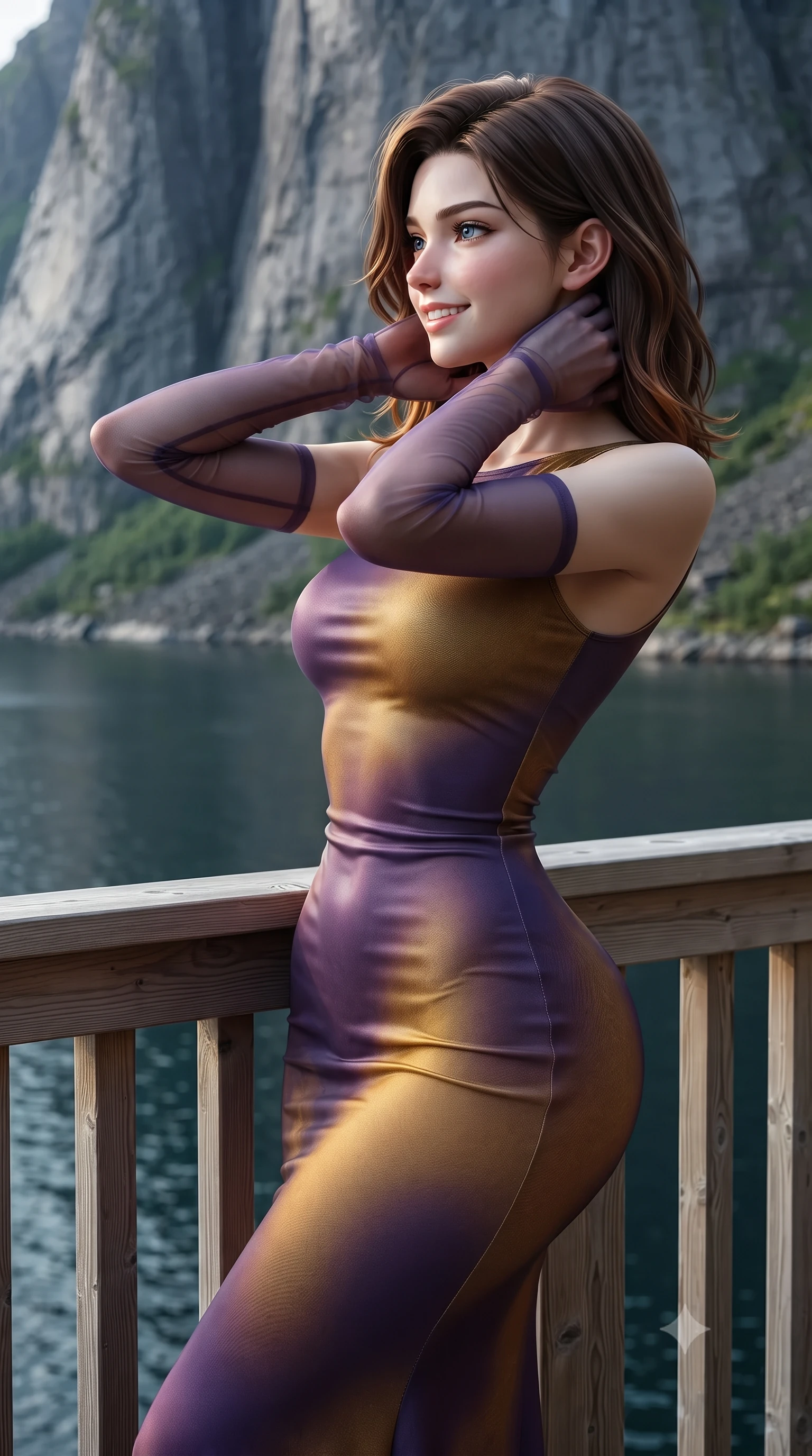 score_9, masterpiece, best quality, ultra-detailed, high-budget anime keyframe, editorial fashion photography, tasteful artistic composition, Korean woman. close-up cowboy shot from the waist and thighs up, the character dominates the composition, filling the frame with her large presence. resting both hands lightly behind her neck with elbows raised, arching her spine to highlight her narrow waist, flat midriff, and breathtaking collarbones while leaning against the timber balustrade with hips cocked back, looking across mirror-calm fjord waters at the vertical granite wall of Reinebringen with heavy-lidded bedroom-eyes. The surrounding environment is rendered in vivid detail and crisp panoramic clarity: detailed garment cut, bodycon tailoring, and Scandinavian modern craft in razor-sharp precision. She has an exceptionally elegant, slender, and willowy female figure with an ultra-slim waist, flat toned midriff, narrow ribcage, and sculpted feminine hips creating an alluring, slim hourglass silhouette without bulk. sharp v-shaped jawline, high-bridge nose, intricate jewel-like sparkling eyes with depth, thick eyelashes, glossy parted lips with a natural peach sheen, bright cheerful beaming smile with an enchanting and coquettish sensual glint, exuding both youthful cute charm and seductive allure, flawlessly proportioned anatomical accuracy, strict slender model proportions, natural body alignment, perfectly sculpted long slender limbs, ultra-slim waistline, clean dynamic posture without body distortion. wearing a form-fitting Scottish Highlands liquid silk jersey evening dress clinging smoothly to her narrow waist and rounded hips in Scottish Highlands heather thistle purple and antique hearth ember gold, made of fluid liquid jersey with seamless sculpting hold and smooth contours, complemented by sheer opera-length evening gloves tracing her slender arms, the liquid-tight tailored fabric clinging flawlessly to her narrow waist and rounded feminine hips, emphasizing every millimeter of her sculpted slim hourglass curves without any bulky heaviness. illuminated by fjord water specular bounce and sharp gold-emerald dual rim lights sculpting her razor-sharp jawline, narrow waist, and curvy hips. ultra-reflective glossy finish, specular highlights, rich textural contrasts, high-contrast stereoscopic depth, volumetric dynamic lighting, 2k, ultra detail, master piece, 9:16 ratio