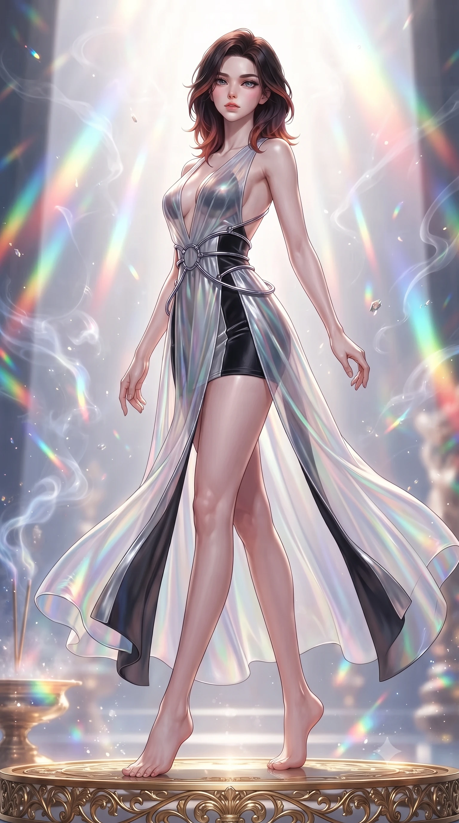 score_9, masterpiece, best quality, ultra-detailed, high-budget anime keyframe, editorial fashion photography, tasteful artistic composition, Korean woman. low angle full-body shot from head to toe showing her feet, filling the entire 9:16 vertical frame with her statuesque presence, stretching her vertical silhouette. navigating the luminous space with effortless poise, displaying her perfect model proportions poised on a golden filigree altar surrounded by glowing incense vapors, floating glass dust and incense smoke scattering colorful light beams. She has an absolutely perfect, statuesque 8.5-heads proportion, an exceptionally tall and slender model-like female figure with impossibly long slender legs and an ultra-slim waist. sharp v-shaped jawline, high-bridge nose, intricate jewel-like eyes with depth, thick eyelashes, glossy lips with a natural sheen. wearing a translucent iridescent chiffon gown with a plunging neckline and open back in matte black and polished silver, made of premium stretch velvet with a rich sheen, accented with delicate chrome ring hardware framing her waist, the tailored fabric tightly following every curve of her athletic build. lit by bright sunbursts creating vivid, saturated color projections. ultra-reflective glossy finish, specular highlights, metallic sheen, high-contrast stereoscopic depth, volumetric dynamic lighting, 2k, ultra detail, master piece, 9:16 ratio