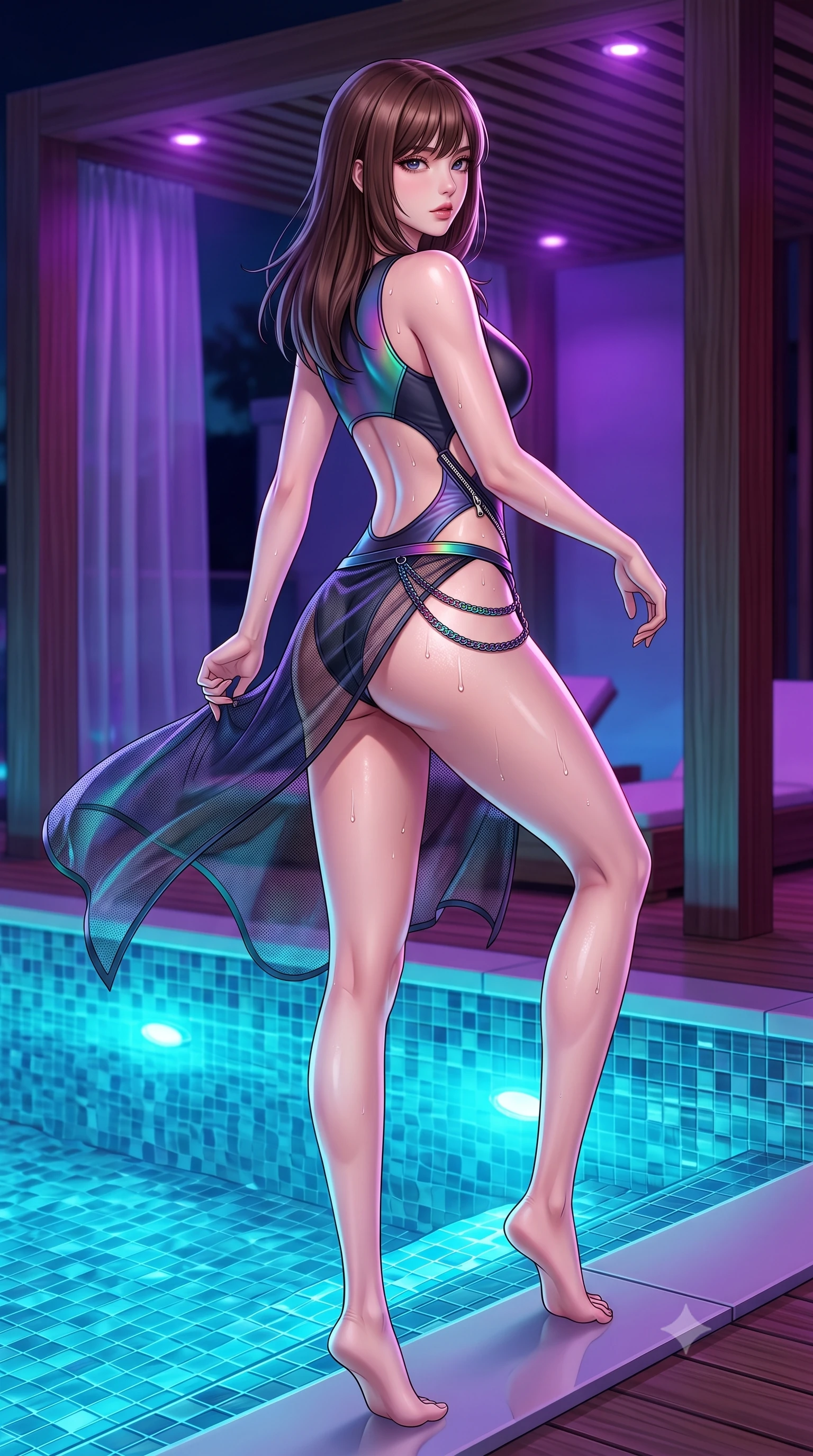 score_9, masterpiece, best quality, ultra-detailed, high-budget anime keyframe, semi-realistic 3D game render, editorial fashion photography, tasteful artistic composition, Korean woman. low angle full-body shot from head to toe showing her feet, filling the entire 9:16 vertical frame with her statuesque presence, stretching her vertical silhouette. executing an elegant mid-motion pivot turn as garments swirl around her slender limbs, glancing over her shoulder with an intoxicating bedroom-gaze while pulling herself lightly out of the pool onto the tiled ledge, water droplets glistening on her sculpted glutes and toned midriff. The surrounding environment is rendered in vivid detail and crisp panoramic clarity. sharp glass mosaic pool tiles, distinct water droplet beads on skin, and cabana teak wood in deep focus. She has an absolutely perfect, statuesque 8.5-heads proportion, an exceptionally tall and slender model-like female figure with impossibly long slender legs, a toned flat midriff, an ultra-slim waist, and beautifully sculpted feminine hips. sharp v-shaped jawline, high-bridge nose, intricate jewel-like eyes with depth, thick eyelashes, glossy parted lips with a natural sheen, intensely captivating and seductive bedroom-eyes expression, flawlessly proportioned anatomical accuracy, strict slender model proportions, natural body alignment, perfectly sculpted long slender limbs, ultra-slim waistline, clean dynamic posture without body distortion. wearing a cutout cyberpunk bodysuit paired with a sheer mesh beach sarong and metallic hip chain in iridescent rainbow prism and deep charcoal, made of breathable technical athletic mesh and liquid-finish track nylon, accented with diagonal metal zippers running across the side-waist cutouts, the liquid-tight tailored fabric clinging flawlessly to her narrow waist and rounded feminine hips, emphasizing every millimeter of her sculpted hourglass curves during movement. bathed in glowing underwater cyan LED illumination and ambient violet neon cabana downlights. highly saturated vibrant anime colors, detailed shading with soft gradients, rich glossy textures, high-contrast stereoscopic depth, volumetric dynamic lighting, master piece, 9:16 ratio