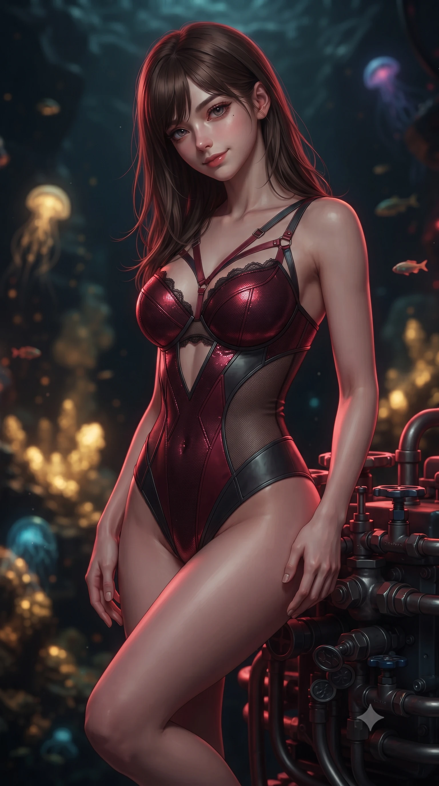 score_9, masterpiece, best quality, ultra-detailed, high-budget anime keyframe, editorial fashion photography, tasteful artistic composition, Korean woman. close-up cowboy shot from the waist and thighs up, the character dominates the composition, filling the frame with her large presence. tilting her head with a teasing half-smile, running one hand slowly down the side of her hip in a flirtatious S-curve as ambient light caresses her silhouette while leaning against the hydraulic valve cluster with hips cocked back, looking into the pitch-black abyss illuminated by hydrothermal vent fires with smoldering bedroom-eyes. The background shows a soft-focus golden mineral heat plumes from hydrothermal vents, glowing bioluminescent abyssal creatures, and deep ink-black ocean blurred into gold, ruby, and indigo bokeh. She has an exceptionally elegant, slender, and willowy female figure with an ultra-slim waist, flat toned midriff, narrow ribcage, and sculpted feminine hips creating an alluring, slim hourglass silhouette without bulk. sharp v-shaped jawline, high-bridge nose, intricate jewel-like sparkling eyes with depth, thick eyelashes, glossy parted lips with a natural peach sheen, bright cheerful beaming smile with an enchanting and coquettish sensual glint, exuding both youthful cute charm and seductive allure, flawlessly proportioned anatomical accuracy, strict slender model proportions, natural body alignment, perfectly sculpted long slender limbs, ultra-slim waistline, clean dynamic posture without body distortion. wearing an alluring plunging sweetheart tactical bodice with sheer mesh side-waist cutouts contouring her ribs in deep crimson hazard red and matte dark titanium, crafted from stretch micro-mesh with liquid foil coating that shimmers with every movement, finished with scalloped eyelash lace trim framing her sweetheart neckline with intimate elegance, the form-contouring silhouette accentuating her sculpted flat midriff, narrow delicate ribcage, and gracefully curvy hips with intoxicating allure. bathed in moody 660nm deep red tactical battle stations lighting mixed with golden geothermal exterior fires. ultra-reflective glossy finish, specular highlights, rich textural contrasts, high-contrast stereoscopic depth, volumetric dynamic lighting, 2k, ultra detail, master piece, 9:16 ratio