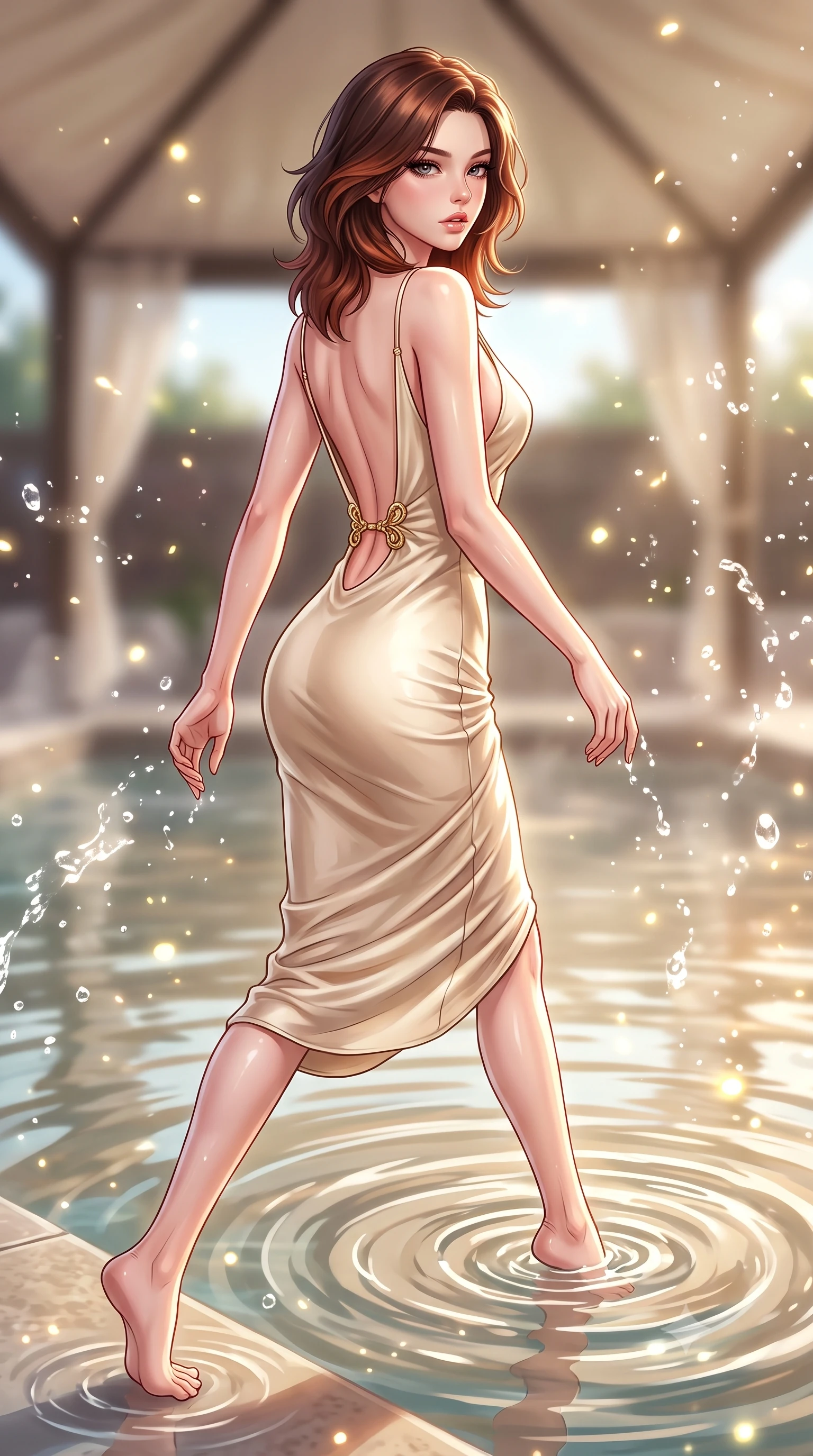score_9, masterpiece, best quality, ultra-detailed, high-budget anime keyframe, semi-realistic 3D game render, editorial fashion photography, tasteful artistic composition, Korean woman. low angle full-body shot from head to toe showing her feet, filling the entire 9:16 vertical frame with her statuesque presence, stretching her vertical silhouette. striding forward in a proud, dynamic supermodel runway stride, hips swaying in an alluring kinetic rhythm that stretches her silhouette while kneeling gracefully at the edge of a heated canopy mineral pool, dipping one hand into the water as ripples mirror her curves. The composition keeps background elements in soft focus with creamy bokeh. sparkling water splash caustics and floating pollen scattering luminous glowing light motes. She has an absolutely perfect, statuesque 8.5-heads proportion, an exceptionally tall and slender model-like female figure with impossibly long slender legs, a toned flat midriff, and an ultra-slim waist. sharp v-shaped jawline, high-bridge nose, intricate jewel-like eyes with depth, thick eyelashes, glossy parted lips with a natural sheen, intensely captivating and seductive expression, flawlessly proportioned anatomical accuracy, strict slender model proportions, natural body alignment, perfectly sculpted long slender limbs, ultra-slim waistline, clean dynamic posture without body distortion. wearing a radiant champagne silk slip dress with an ultra-deep plunging back and delicate thin straps in warm apricot and glowing solar champagne, crafted from breathable crinkled linen and lightweight modal knit, finished with a dramatic open back secured by golden filigree clasps, the form-contouring material adhering flawlessly to her sculpted flat midriff and slender torso, emphasizing her long leg lines and perfectly proportioned willowy build. surrounded by a fresh, captivating, and delightfully invigorating summer muse aura. highly saturated vibrant anime colors, detailed shading with soft gradients, rich glossy textures, high-contrast stereoscopic depth, volumetric dynamic lighting, master piece, 9:16 ratio